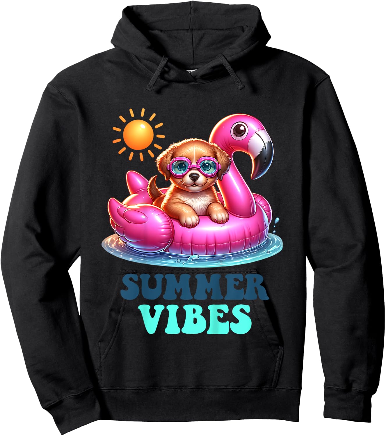Kids Summer Vibes Beach Lover Cute Puppy Dog Pink Flamingo Girls Hoodie - Hoodie | Black
