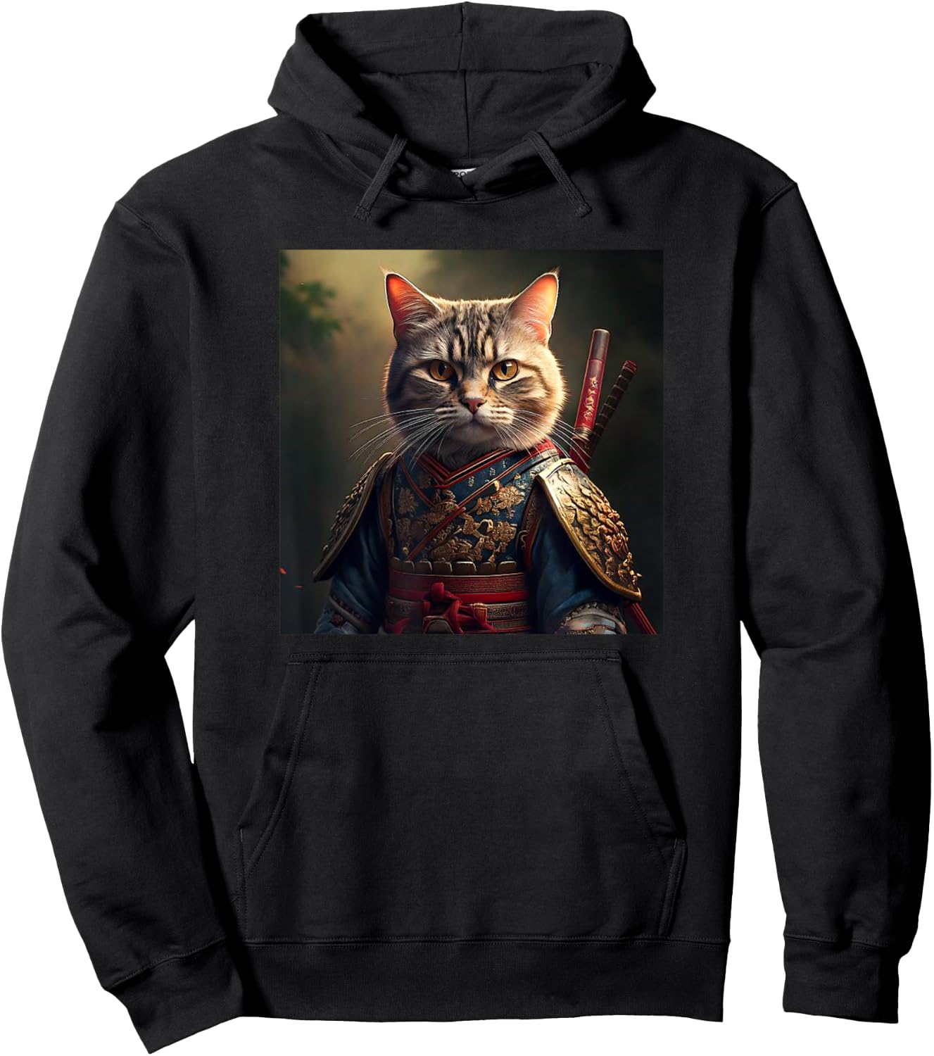 Kawaii Samurai Cat Portrait - Elegant Japanese Art Anime Cat Men Women Hoodie - Hoodie | Black