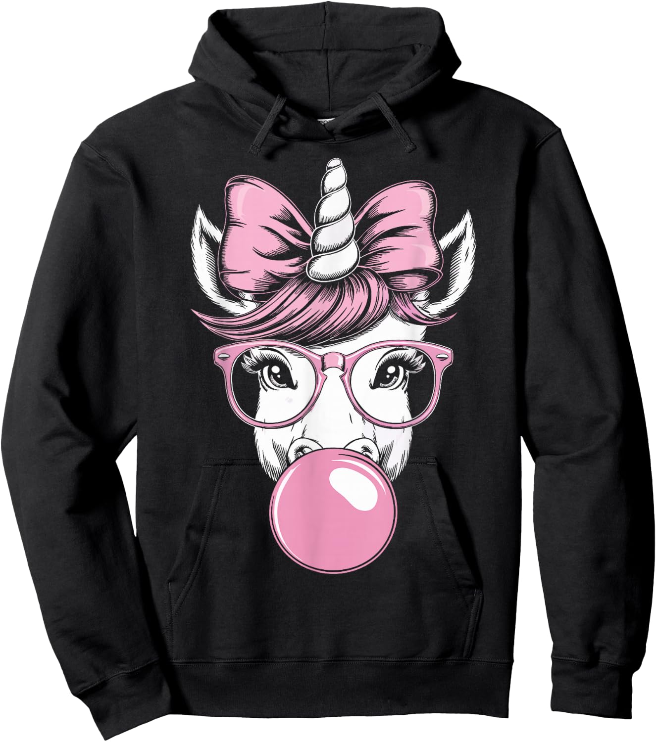 Unicorn Wearing Glasses and Blowing Pink Bubble Gum Hoodie - Hoodie | Black
