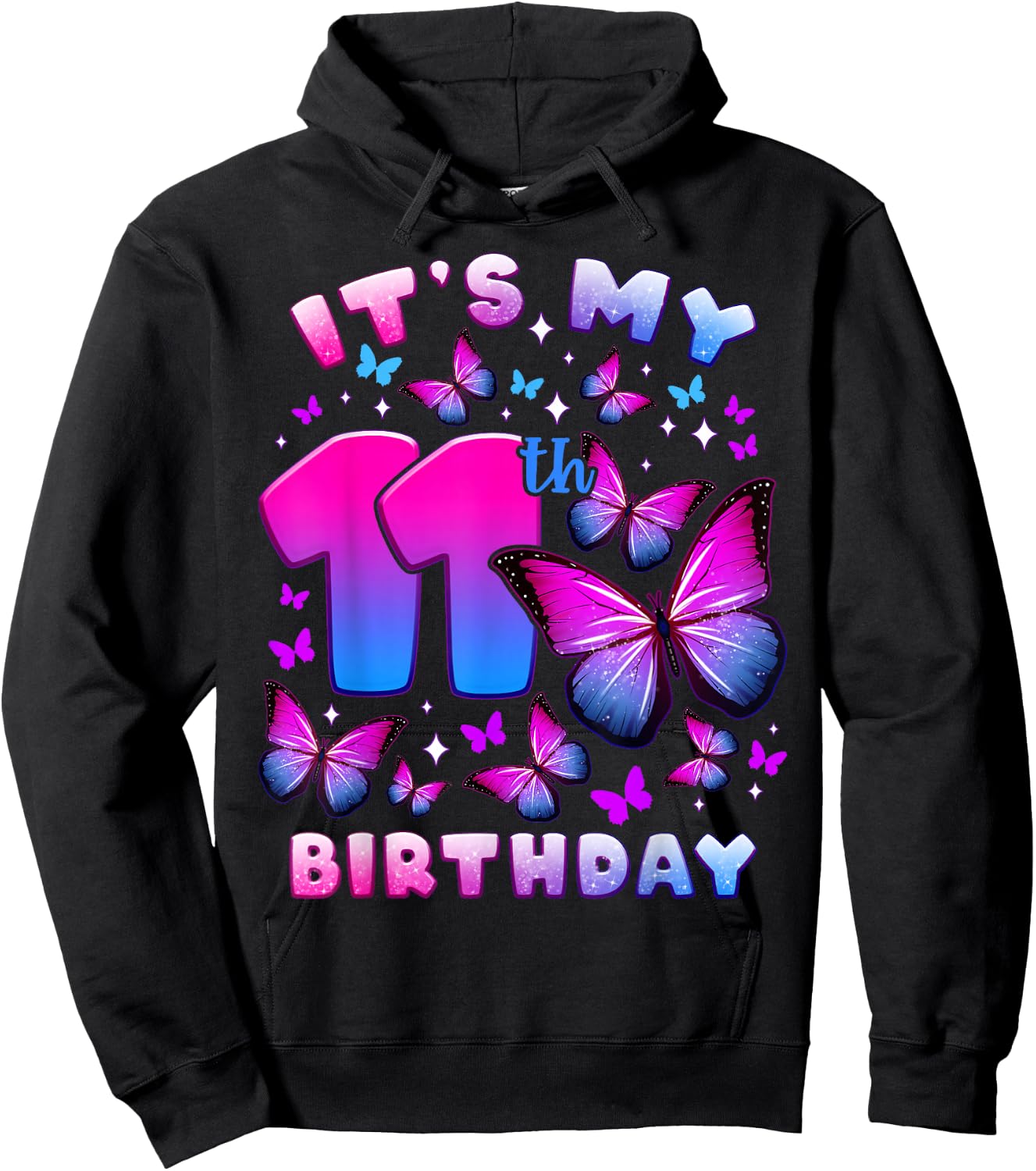 Birthday Girl 11 Year Old, Butterfly, Number 11 Hoodie - Hoodie | Black