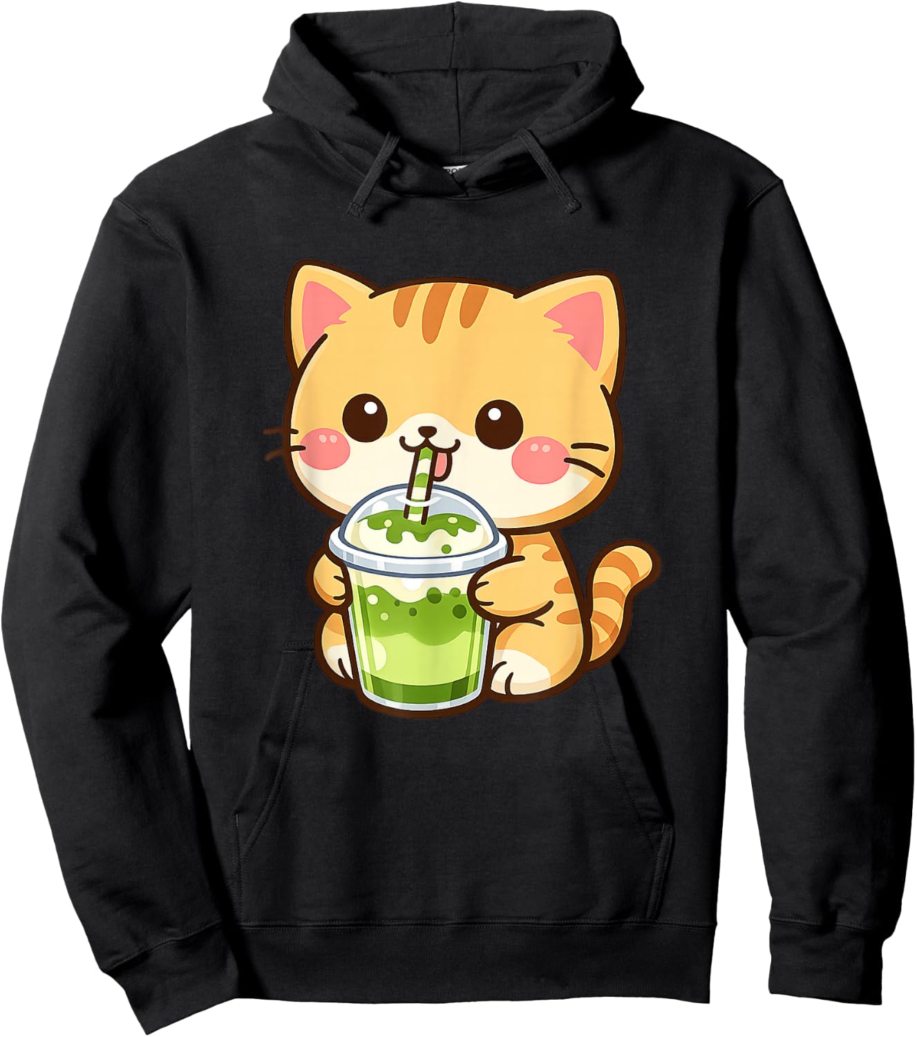 Cute Kawaii Cat Drinking Matcha Latte Green Tea Hoodie - Hoodie | Black