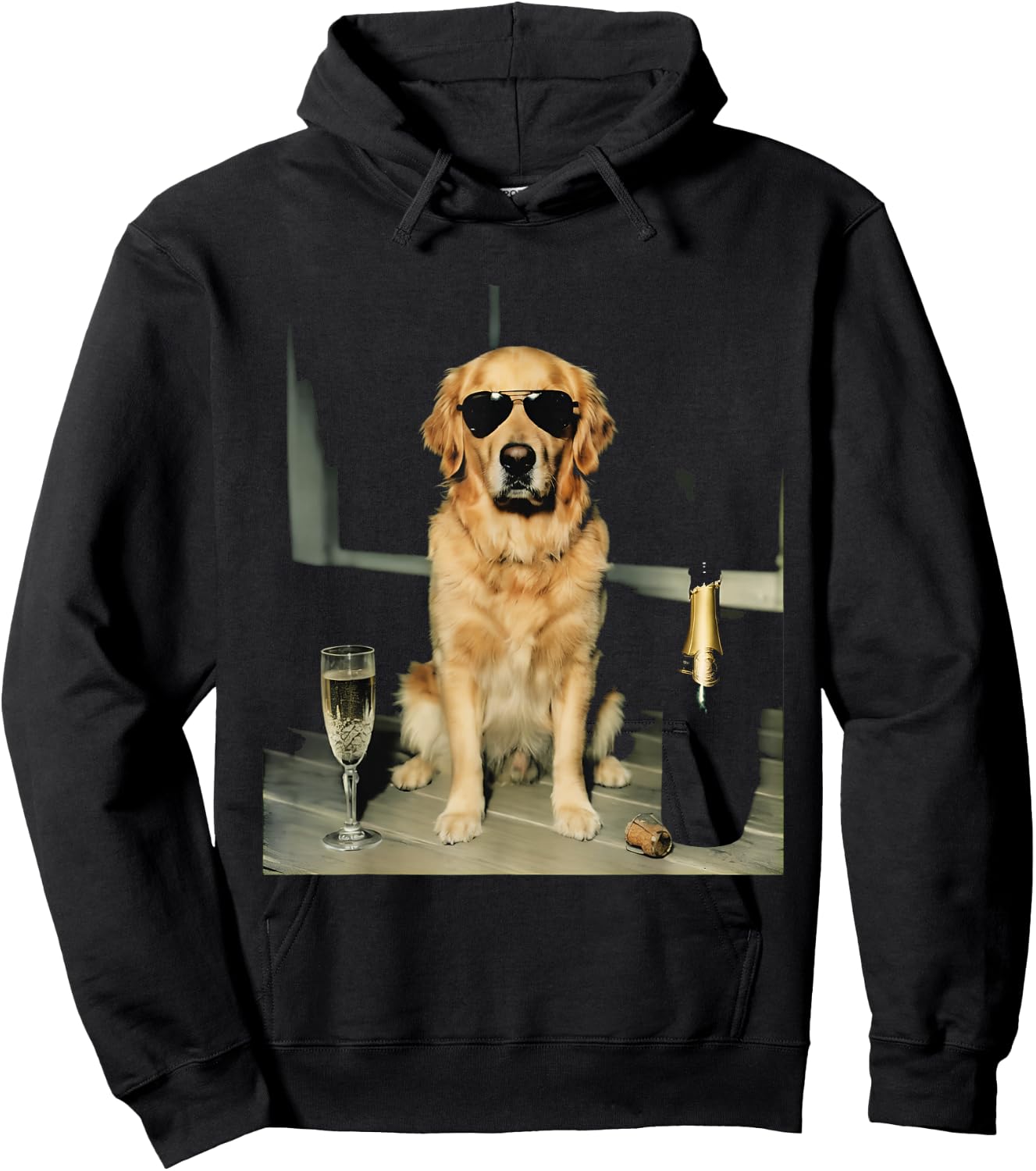 Golden Retriever Drinking Champagne Funny Dog Sunglasses Hoodie - Hoodie | Black