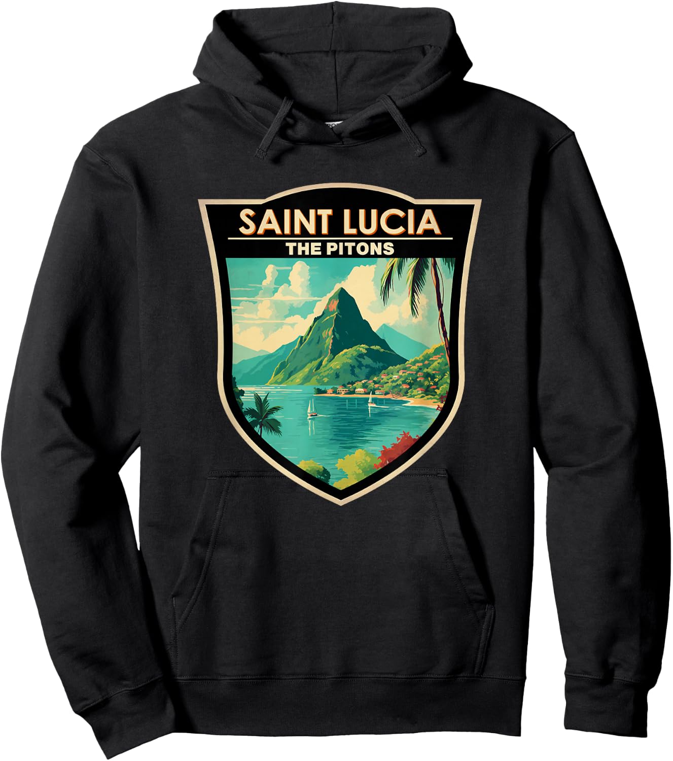 Saint Lucia The Pitons Travel Art Landmark Badge Vintage Hoodie - Hoodie | Black
