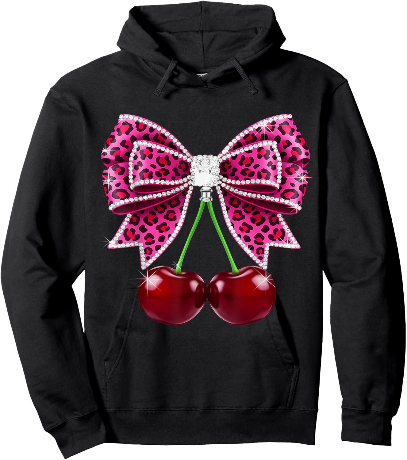Cherry Leopard Coquette Bow Cute Cherries Hoodie - Hoodie | Black