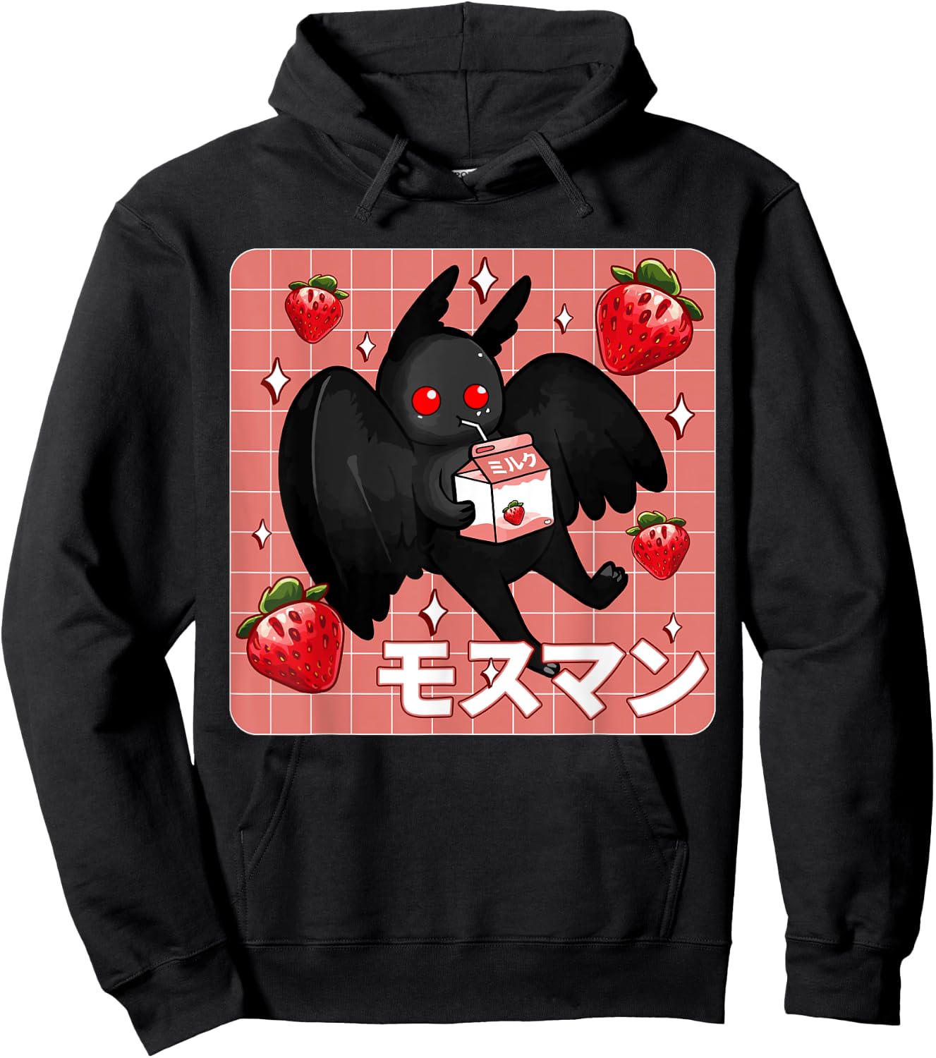 Cryptid Mothman Lover Kawaii Strawberry Milk Shake Carton Hoodie - Hoodie | Black
