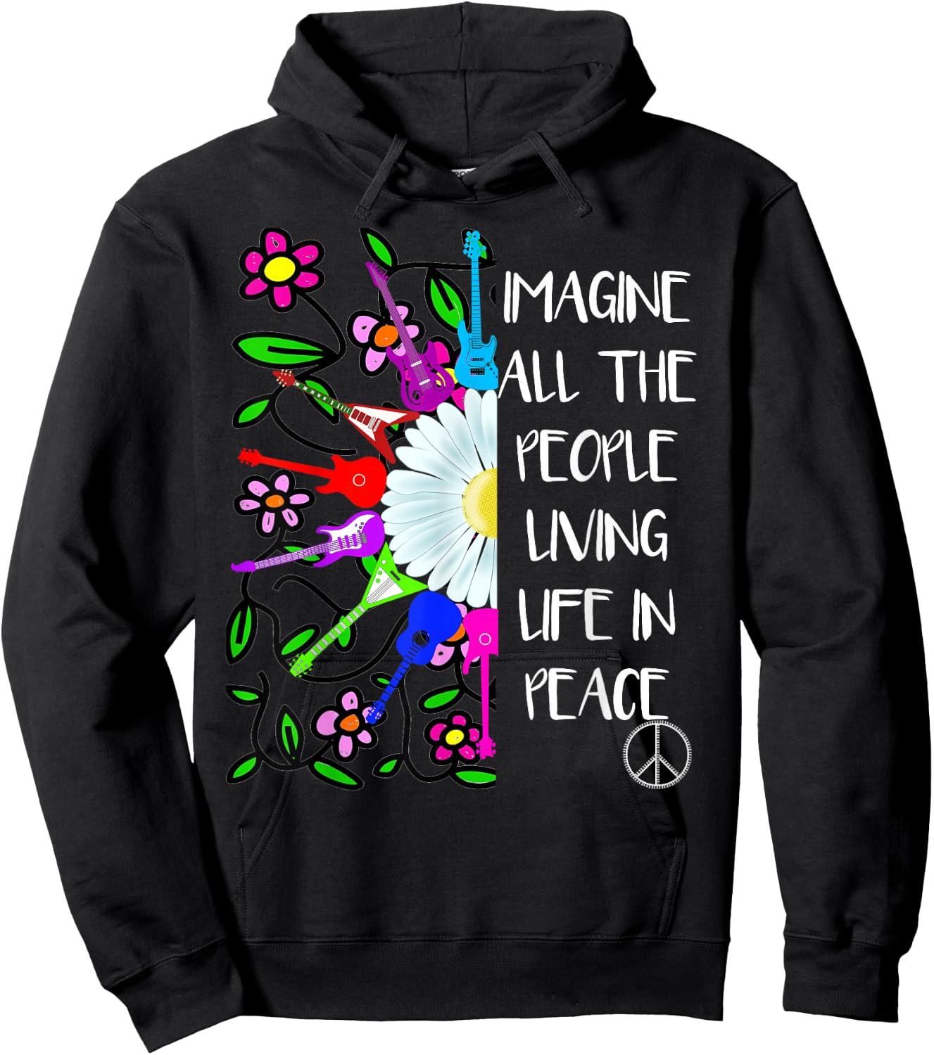 Imagine Peace Groovy Hippie Colorful 70s Folk Rock Music Hoodie - Hoodie | Black