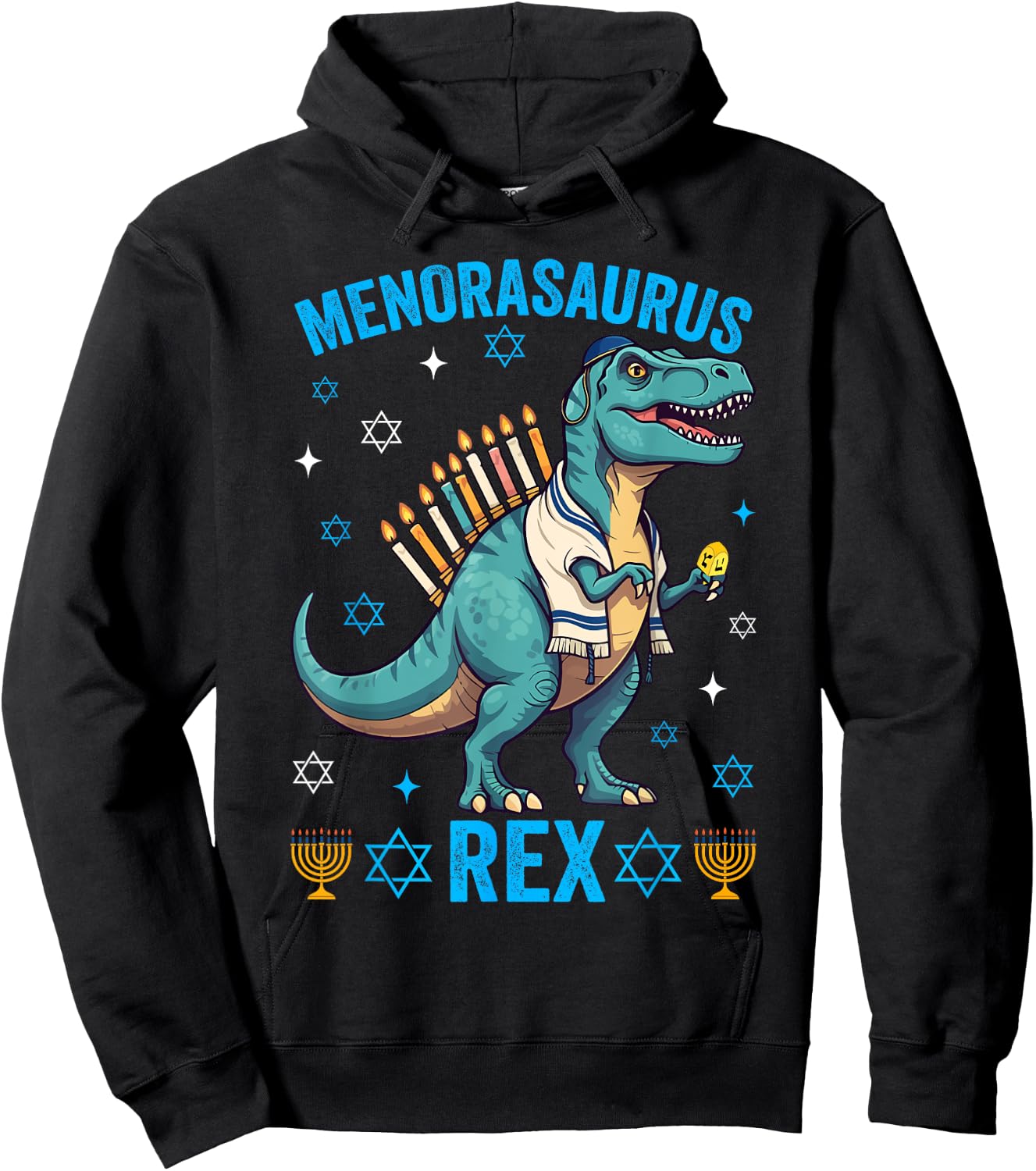 Funny Hanukkah Menorasaurus Trex Dinosaur Jewish Chanukah Hoodie - Hoodie | Black