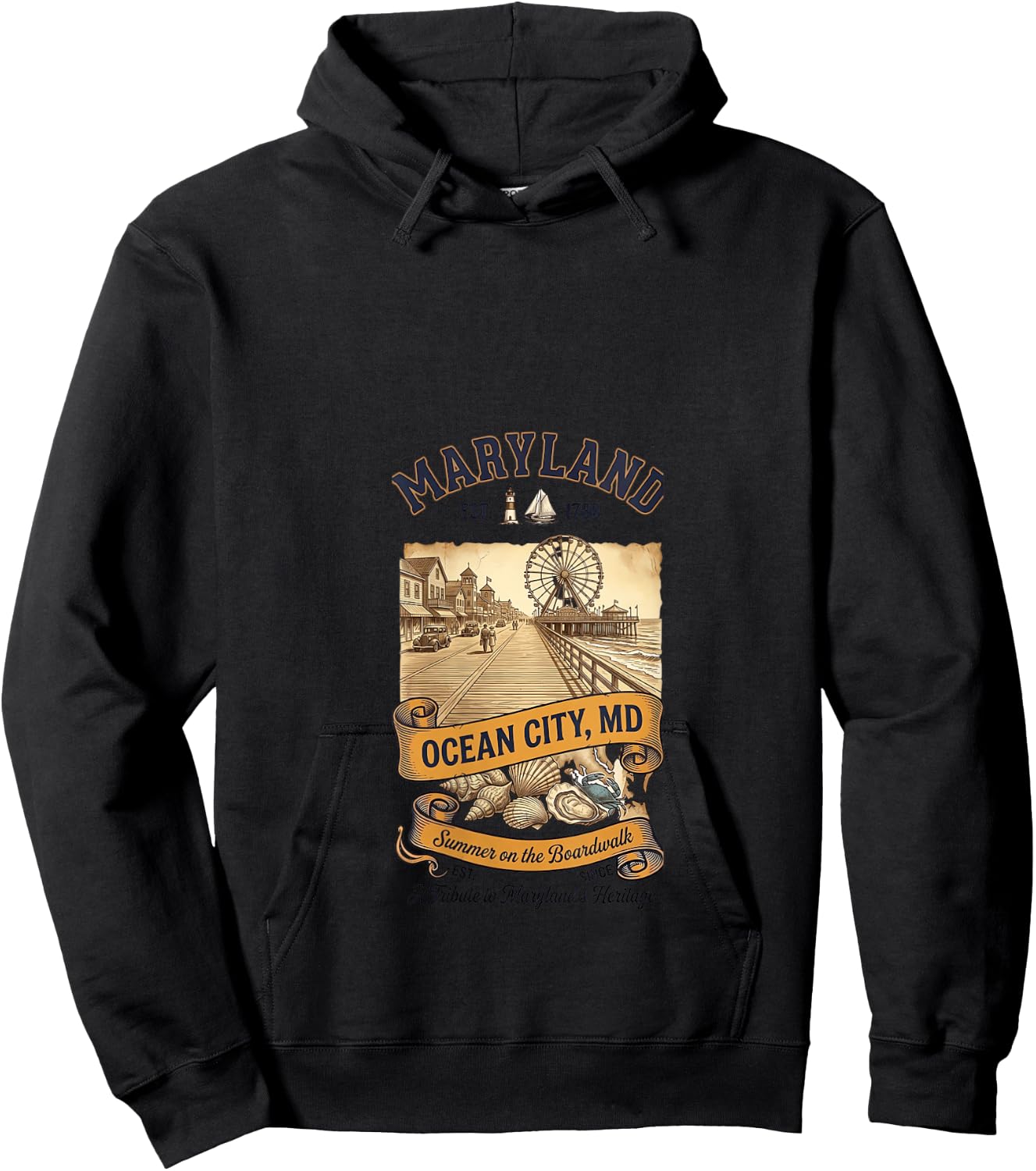 Women's Vintage Ocean City Maryland Boardwalk Ferris Wheel Promenade V-Neck Hoodie - Hoodie | Black