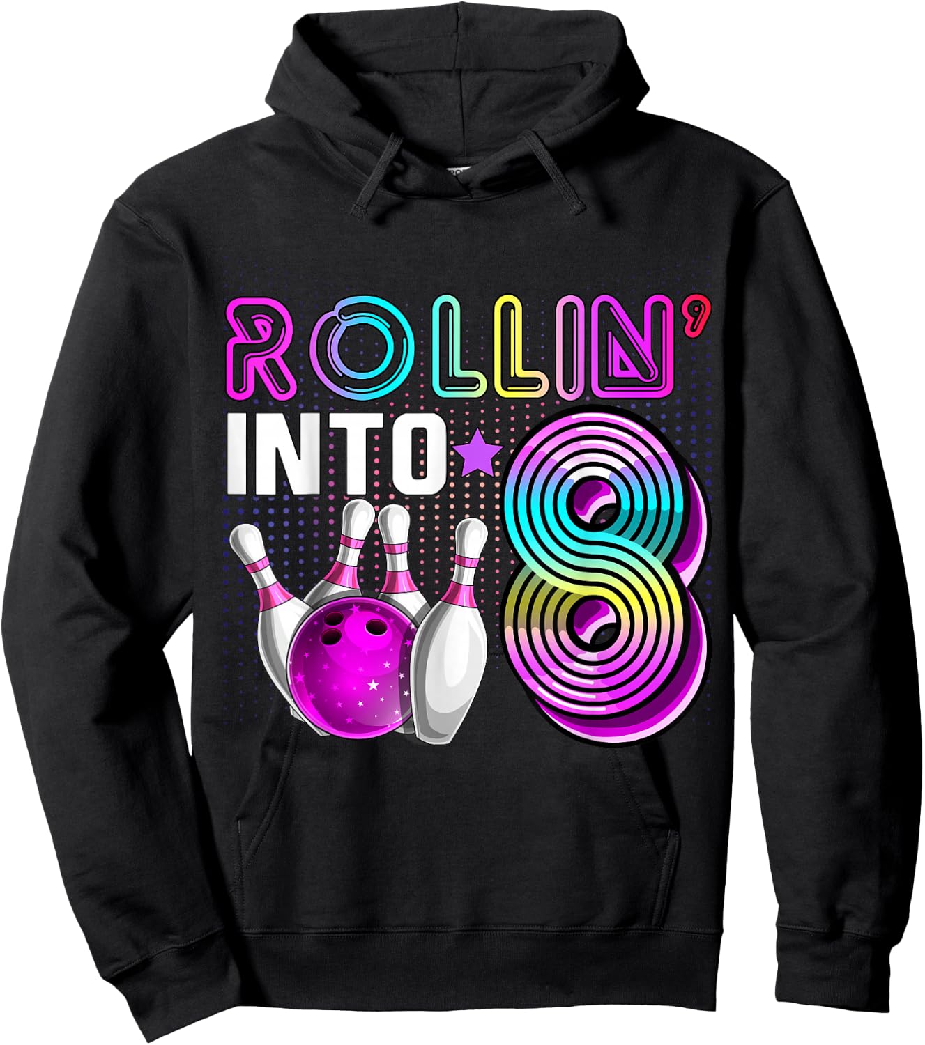 Rollin into 8 Bowling Birthday Party 8th Birthday Retro Girl , black, s Hoodie - Hoodie | Black
