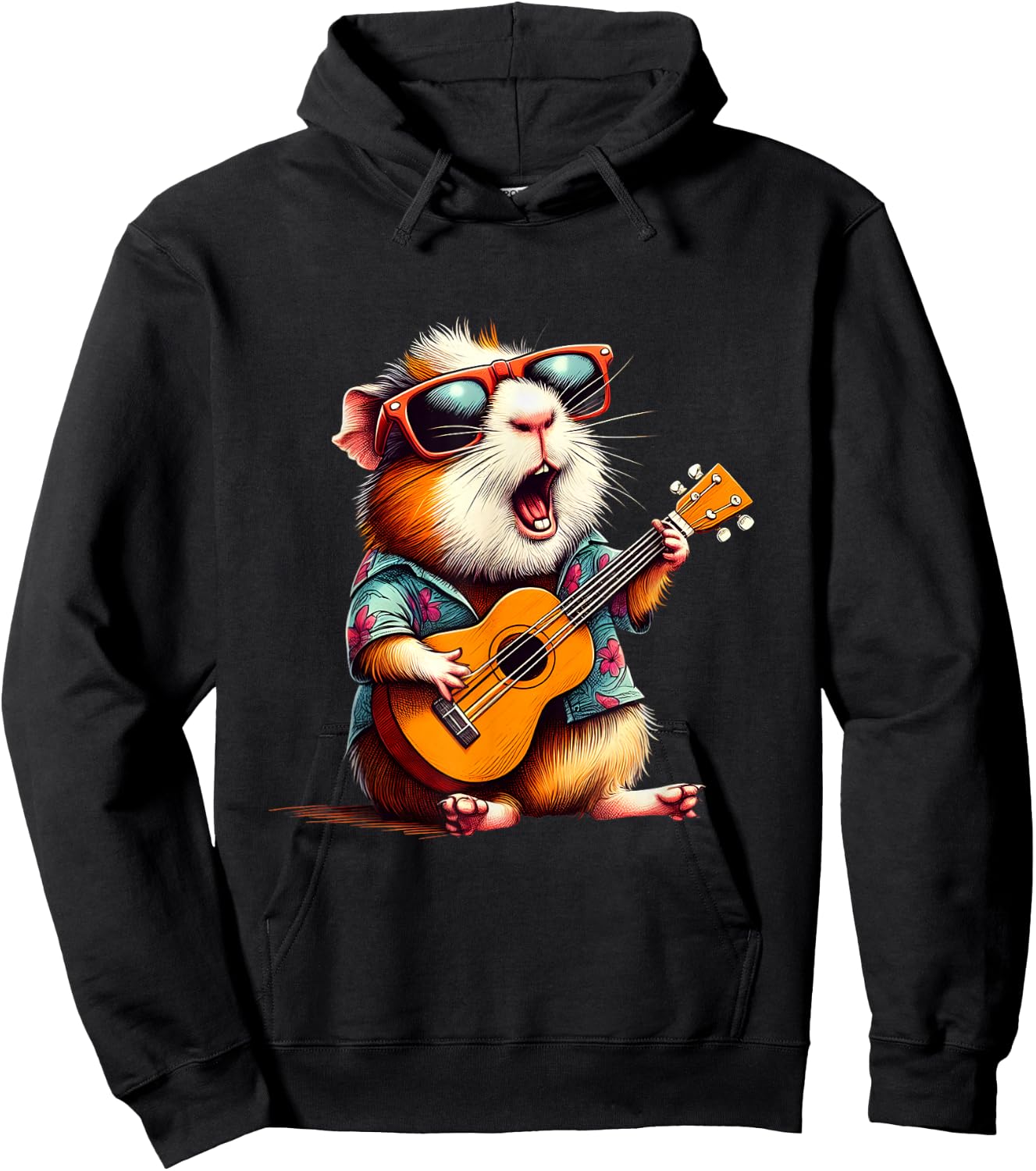 Guinea Pig Wearing a Hawaiian Shirt, Playing a Ukulele Hoodie - Hoodie | Black