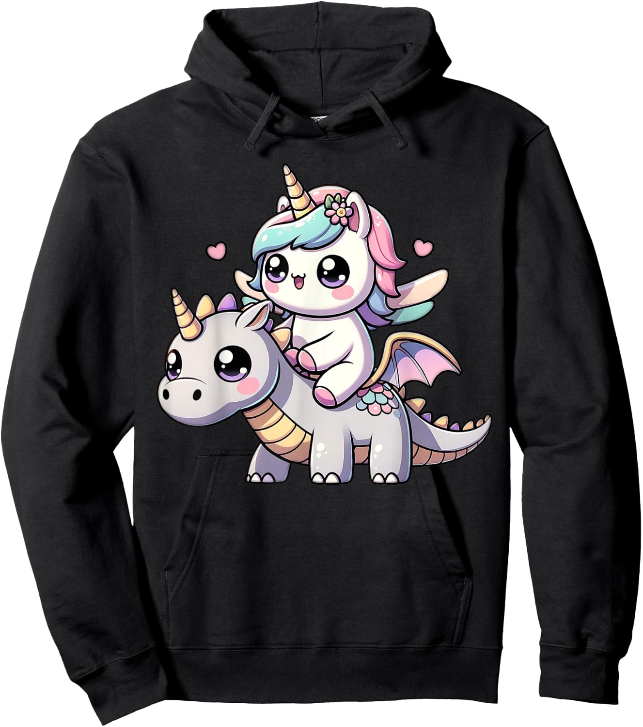 Kawaii Unicorn Dragon Ride Magical Fantasy Adventure Hoodie - Hoodie | Black