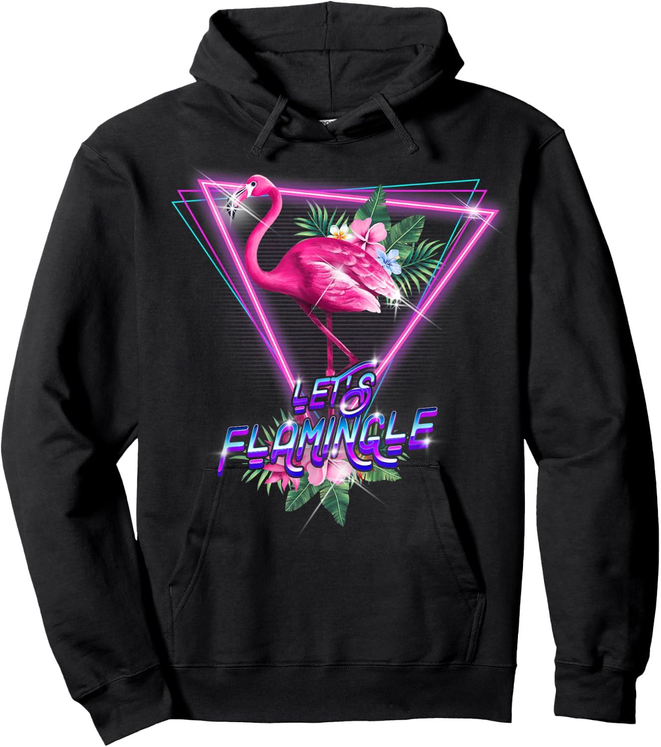 Retro 80s Botanical Tropical Leaf Flowers Let's Flamingle Hoodie - Hoodie | Black