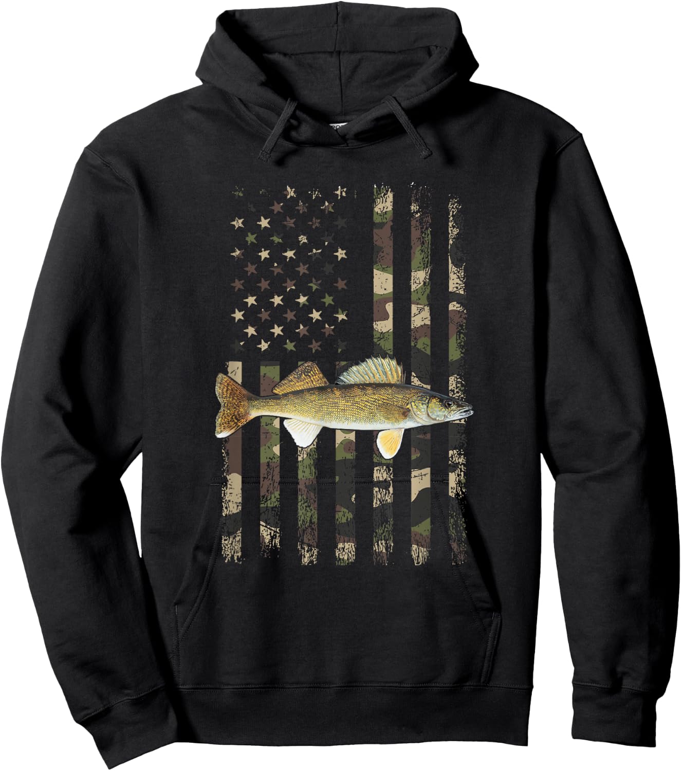Walleye Camo American Flag, Fishing Walleye Hoodie - Hoodie | Black