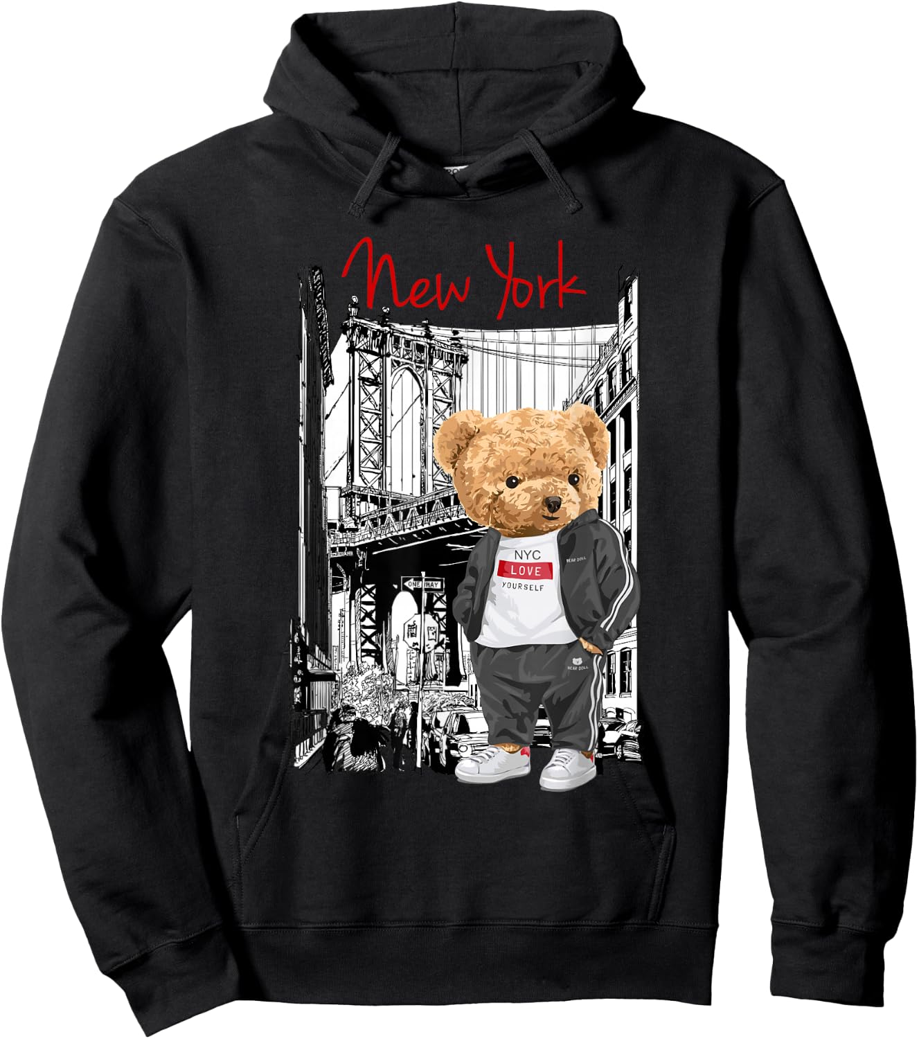 Cool New York City Teddy Bear Illustration Graphic Designs , Black, S Hoodie - Hoodie | Black