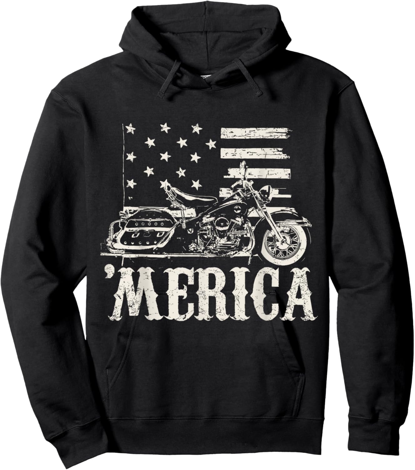 Vintage American Motorcycle with flag 'Merica biker shirt Hoodie - Hoodie | Black