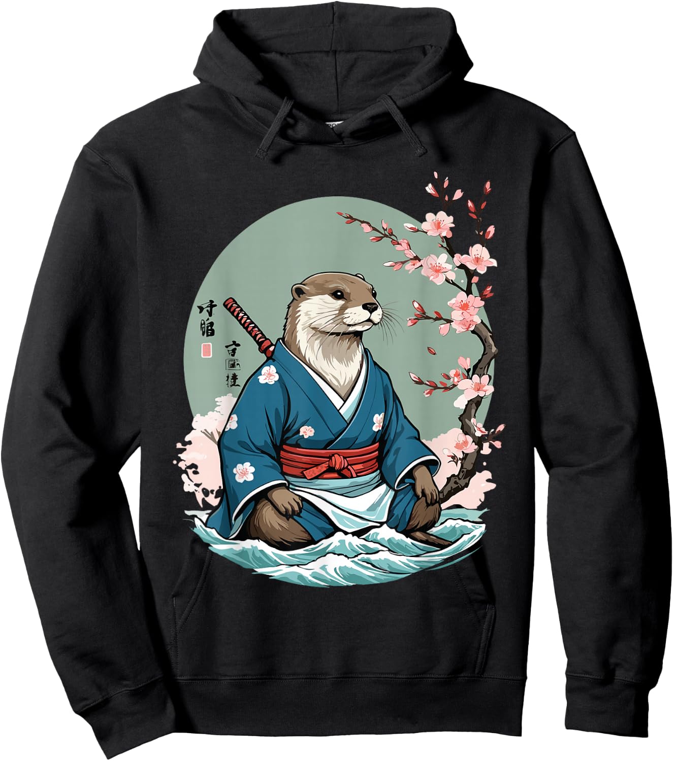 Aesthetic Otter Samurai in Water Funny Vintage Japan Hoodie - Hoodie | Black