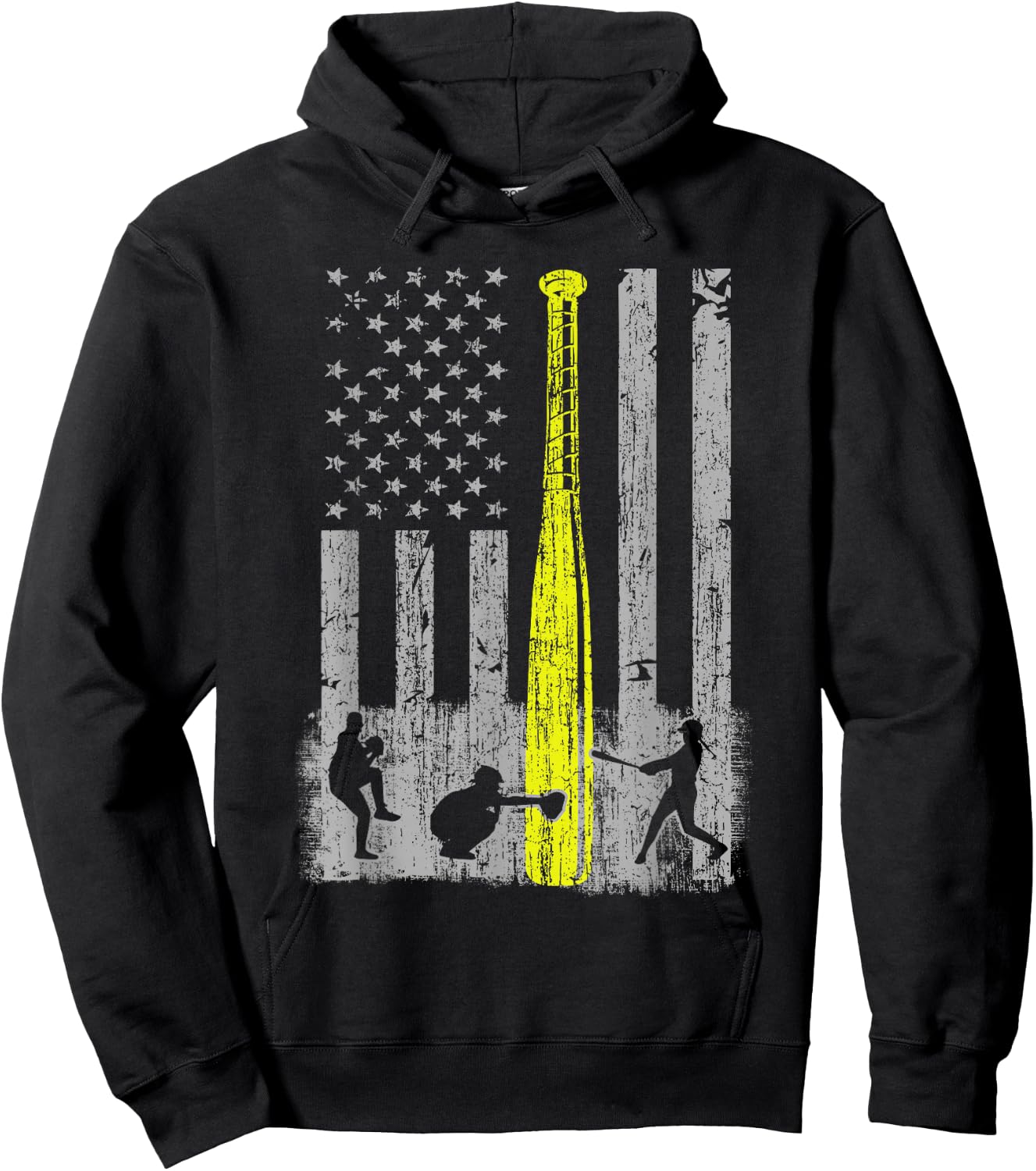 Vintage Softball American Flag Patriotic Sports 4th of July Hoodie - Hoodie | Black