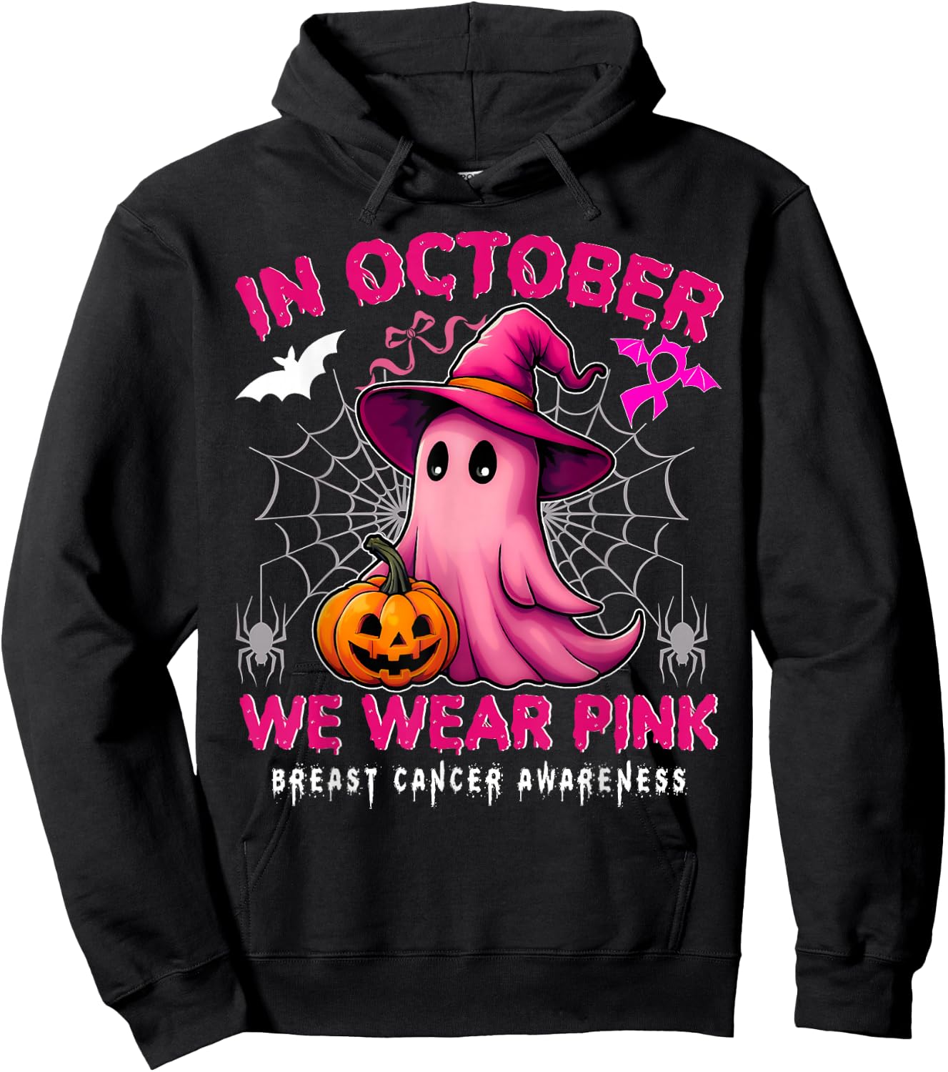 In October We Wear Pink Breast Cancer Awareness Halloween Hoodie - Hoodie | Black