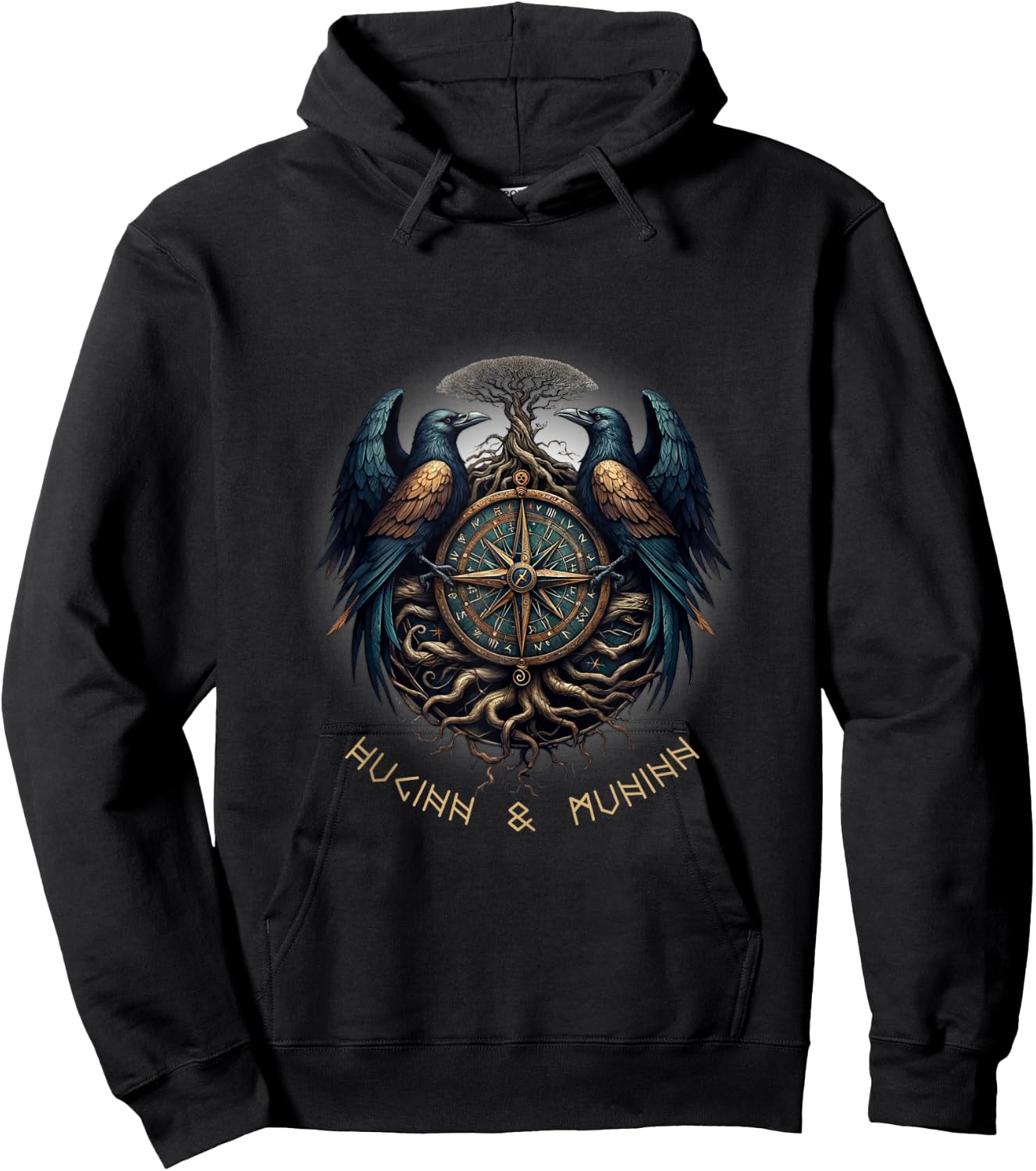 Odin Ravens Huginn & Muninn Vegvisir Vikings Myth Hoodie - Hoodie | Black