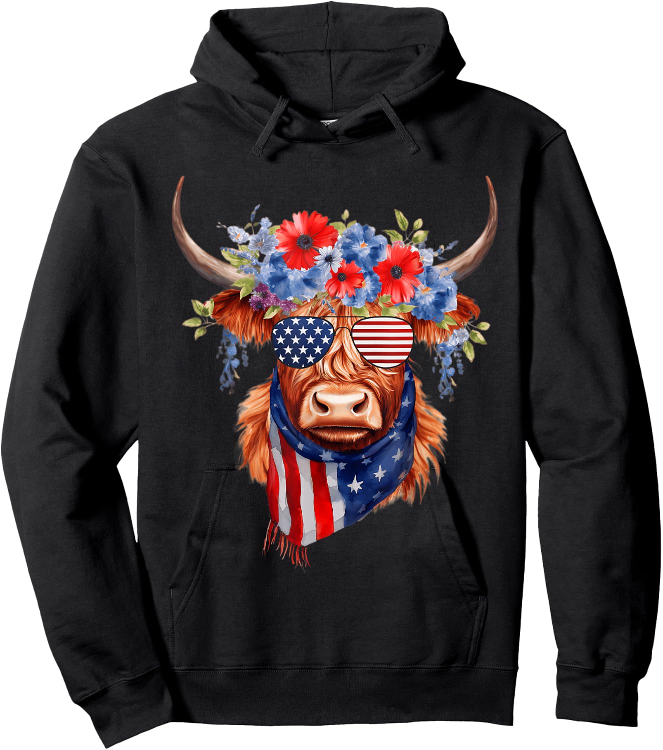 4th Of July Highland Cow Heifer American Sunglasses Bandana Hoodie - Hoodie | Black