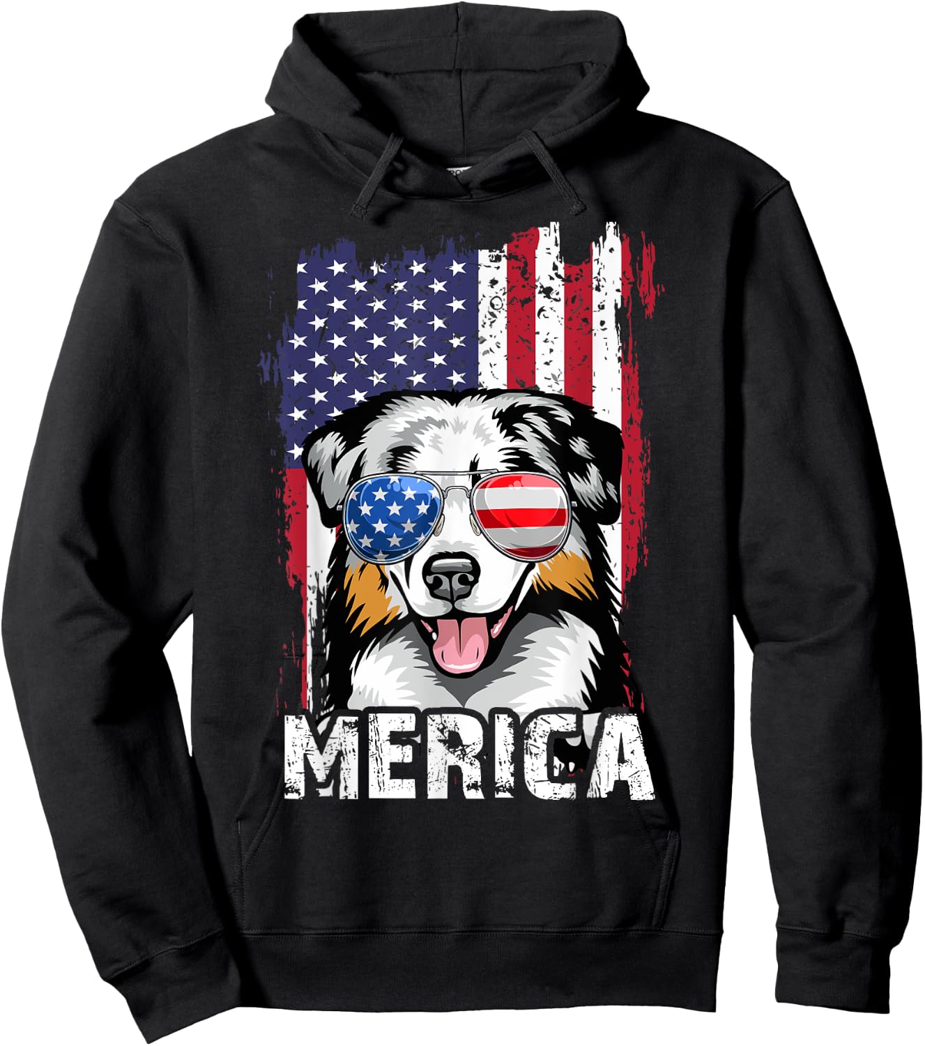 Merica Australian Shepherd 4th of July USA Flag Aussie Dog Kids Men Hoodie - Hoodie | Black