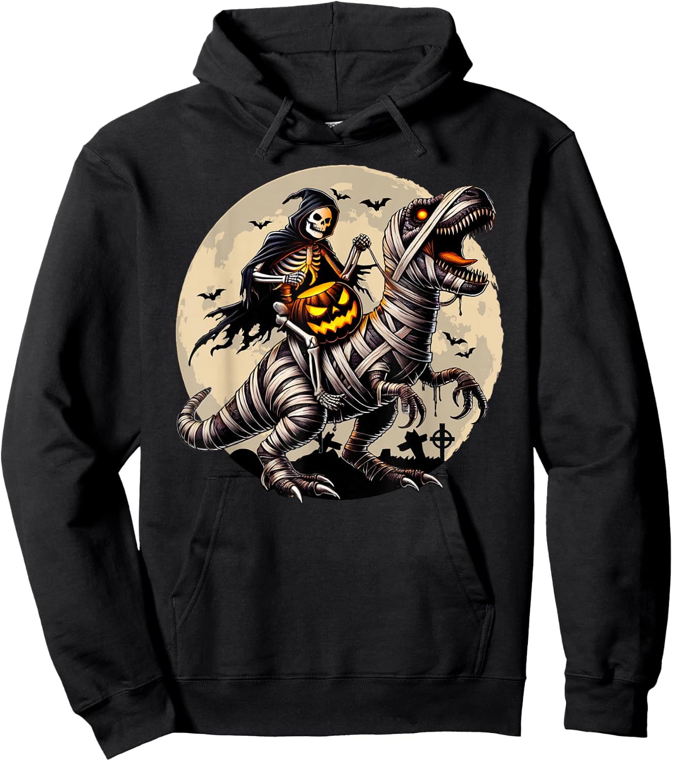 Skeleton Riding Mummy Dinosaur T Rex Pumpkin Funny Halloween Hoodie - Hoodie | Black