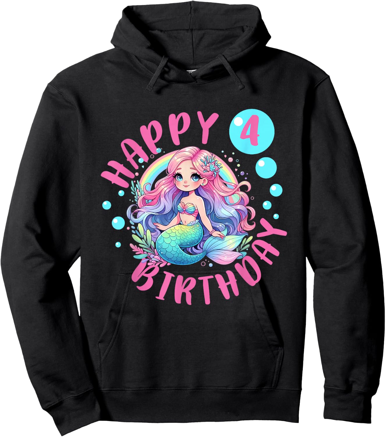 Happy Mermaid 4th Birthday Girl 4 Year Old Bday Mermaid Hoodie - Hoodie | Black