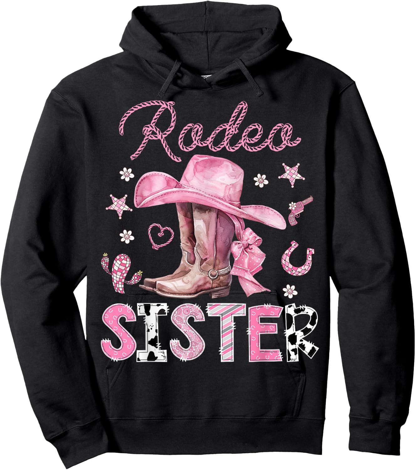 Rodeo Sister Pink Boots Coquette CowGirl 1St Birthday Hoodie - Hoodie | Black