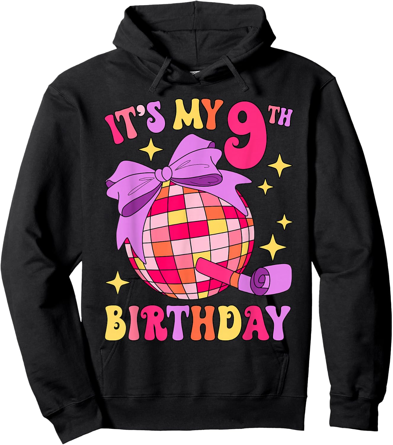 It's My 9th Birthday Disco Bow Party 9 Years Old Kids Girls Hoodie - Hoodie | Black