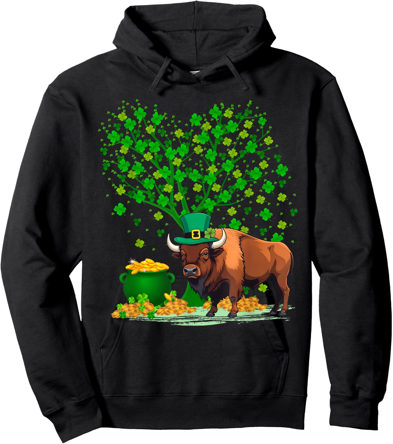 Shamrock Tree Leprechaun Hat Bison St Patrick's Day Hoodie - Hoodie | Black