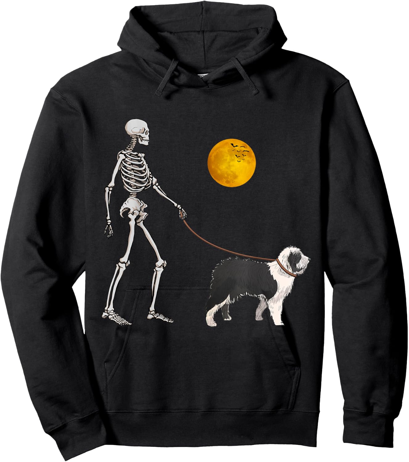 Old English Sheepdog Skeleton Dog Walking Halloween Costume Hoodie - Hoodie | Black