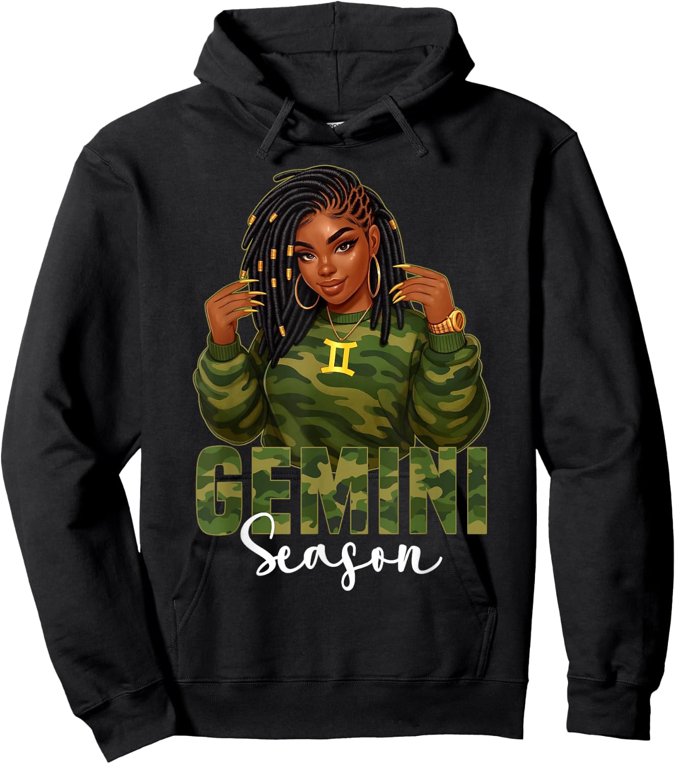 Gemini Season Loc'd Black Woman Camo Zodiac Sign Hoodie - Hoodie | Black