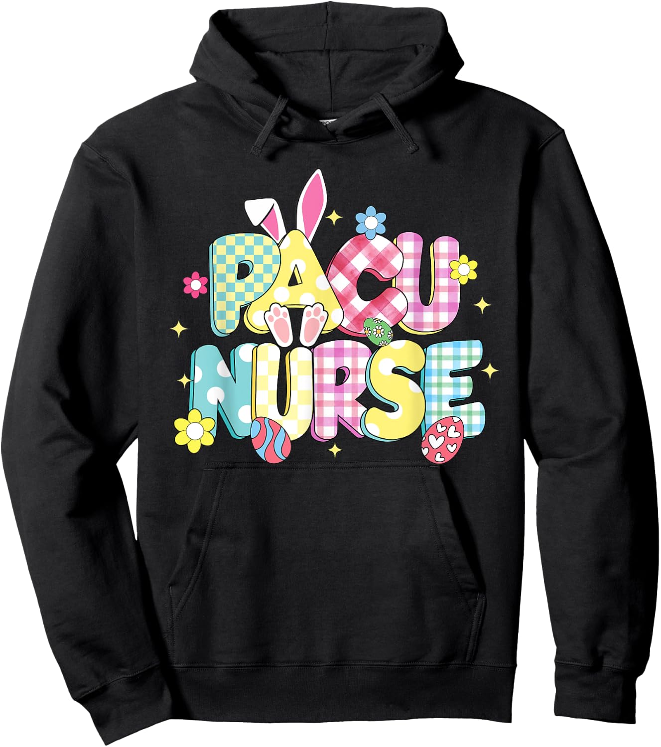 Retro Groovy PACU Nurse Bunny Ear Funny Easter Gifts Hoodie - Hoodie | Black