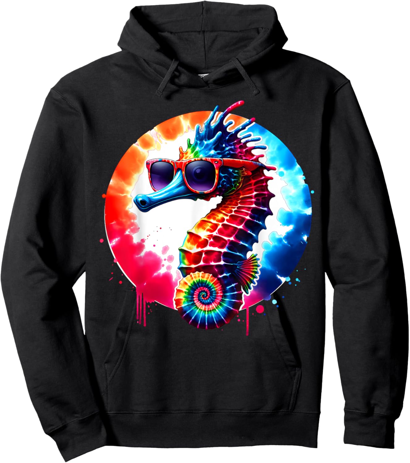 Cool Graphic Tie Dye Sunglasses Seahorse Illustration Art Hoodie - Hoodie | Black