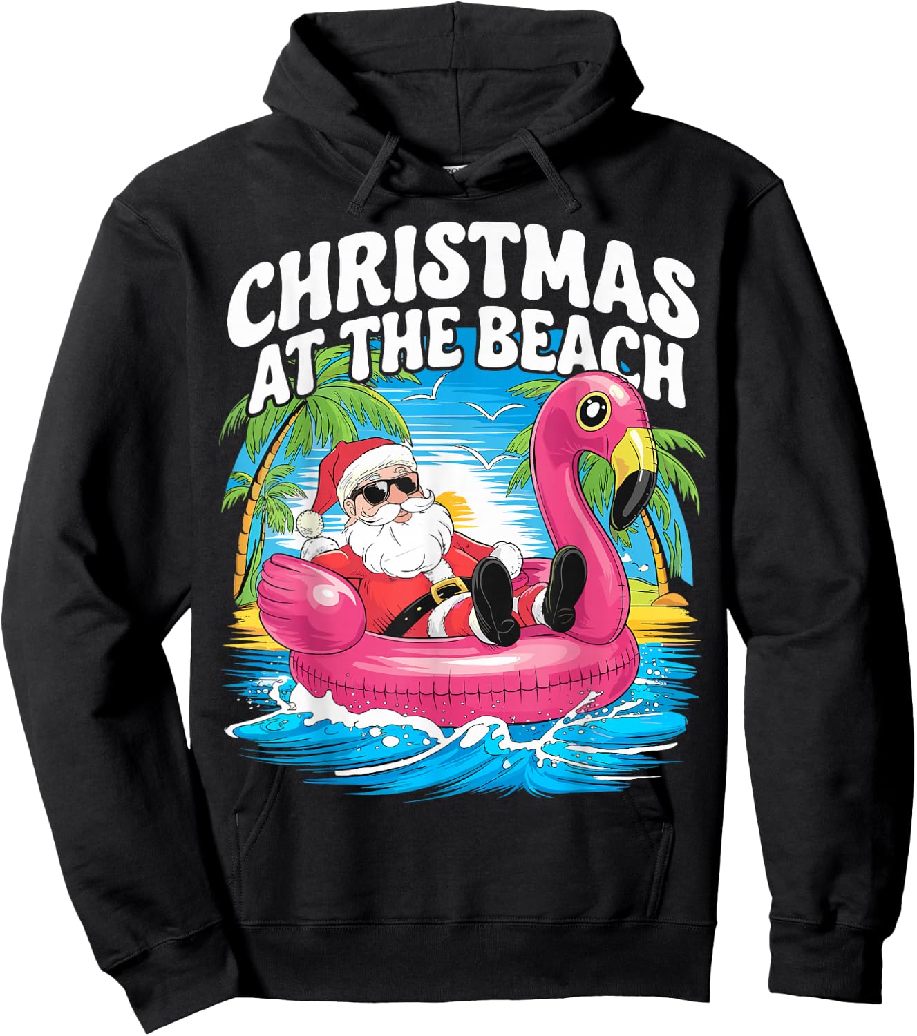 Flamingo Float Santa Claus Christmas At The Beach Hoodie - Hoodie | Black