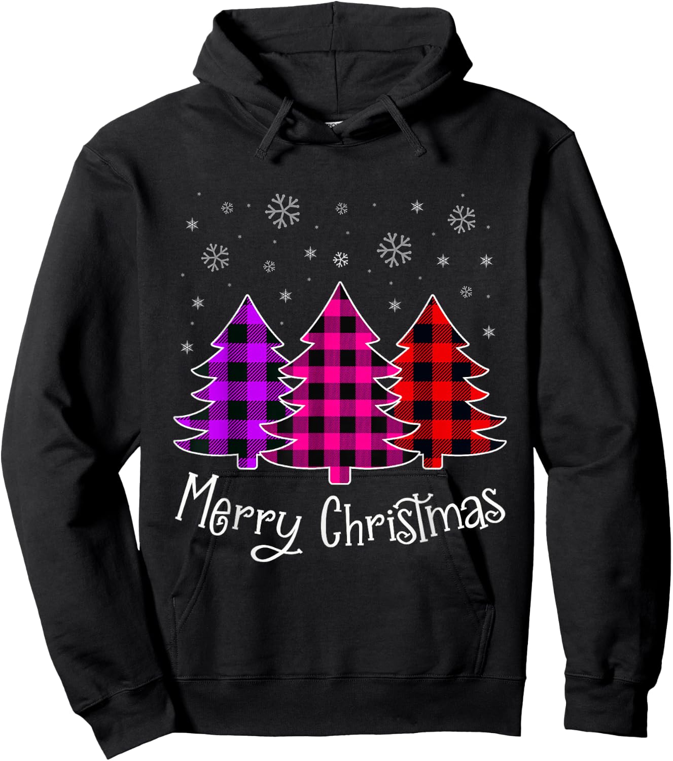 Merry Christmas Tree With Buffalo Pink Plaid Women Girl Teen Hoodie - Hoodie | Black