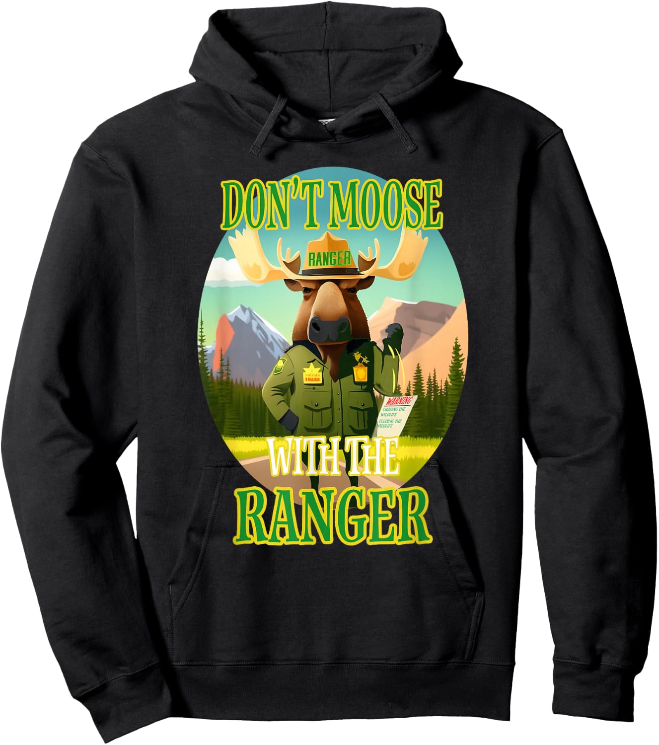 Manic Merchant Moose 'Don't Moose with the Ranger' -Adults Black Cotton/Polyester Classic Fit Short Sleeve Hoodie - Hoodie | Black