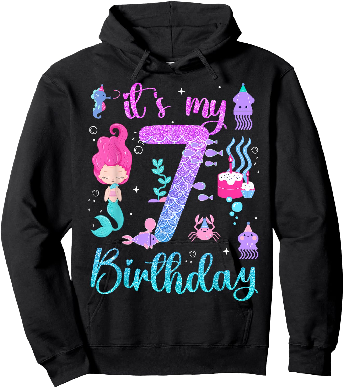 Mermaid Birthday Girls 7 Years Old Its My 7th Bday Mermaid Hoodie - Hoodie | Black