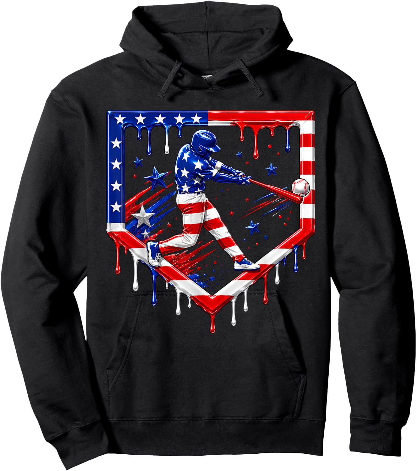 Baseball Drip Ice Cream USA Flag 4th of July Boys Youth Kids Hoodie - Hoodie | Black