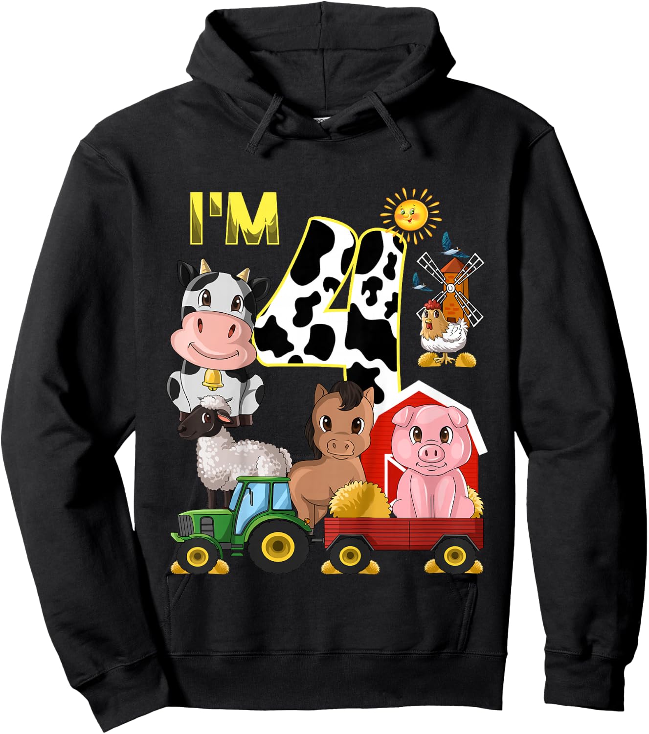 Kids Farm Animals Tractor 4th Birthday 4 Year Old Birthday Party Hoodie - Hoodie | Black
