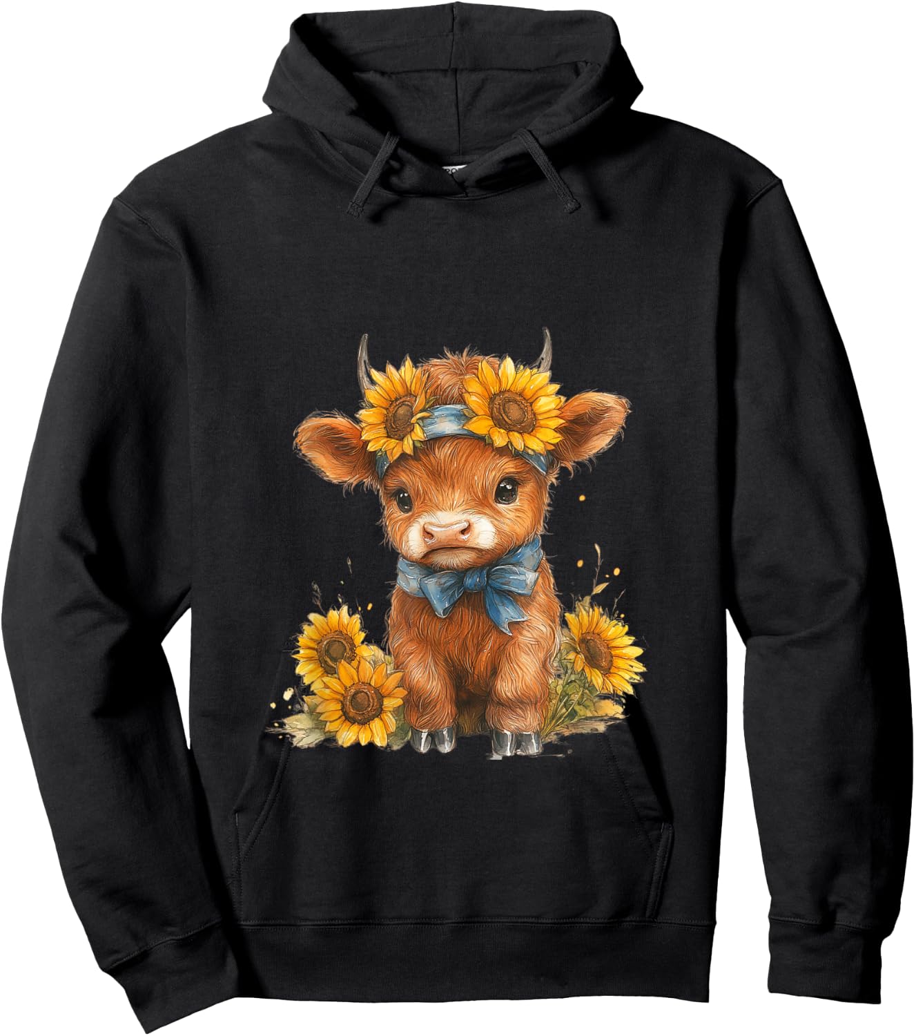 Cute Highland cow with sunflowers country Heifer Farm Farmer Hoodie - Hoodie | Black