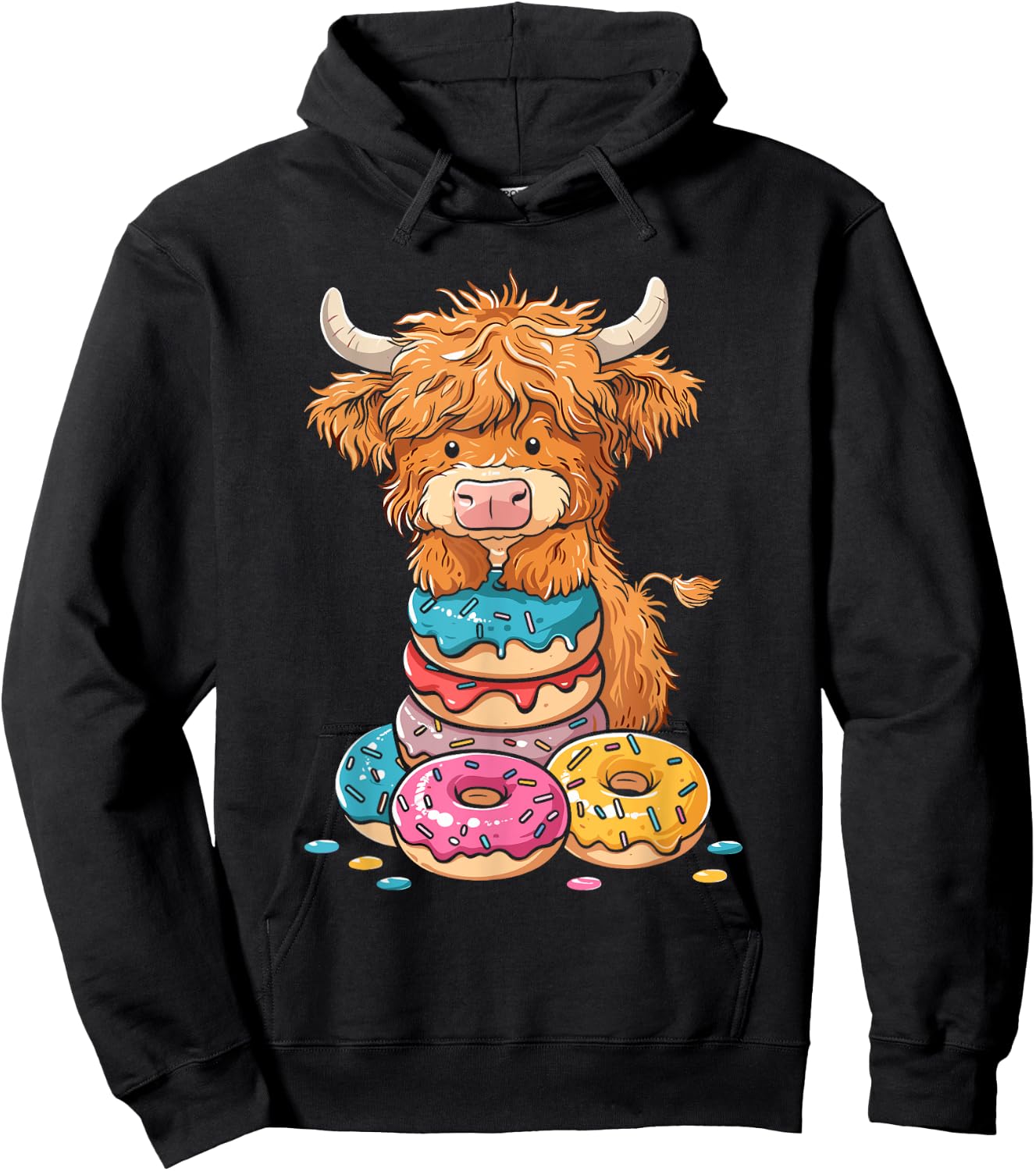 Donut Lover Cute Highland Cow Sprinkle Doughnut Hoodie - Hoodie | Black
