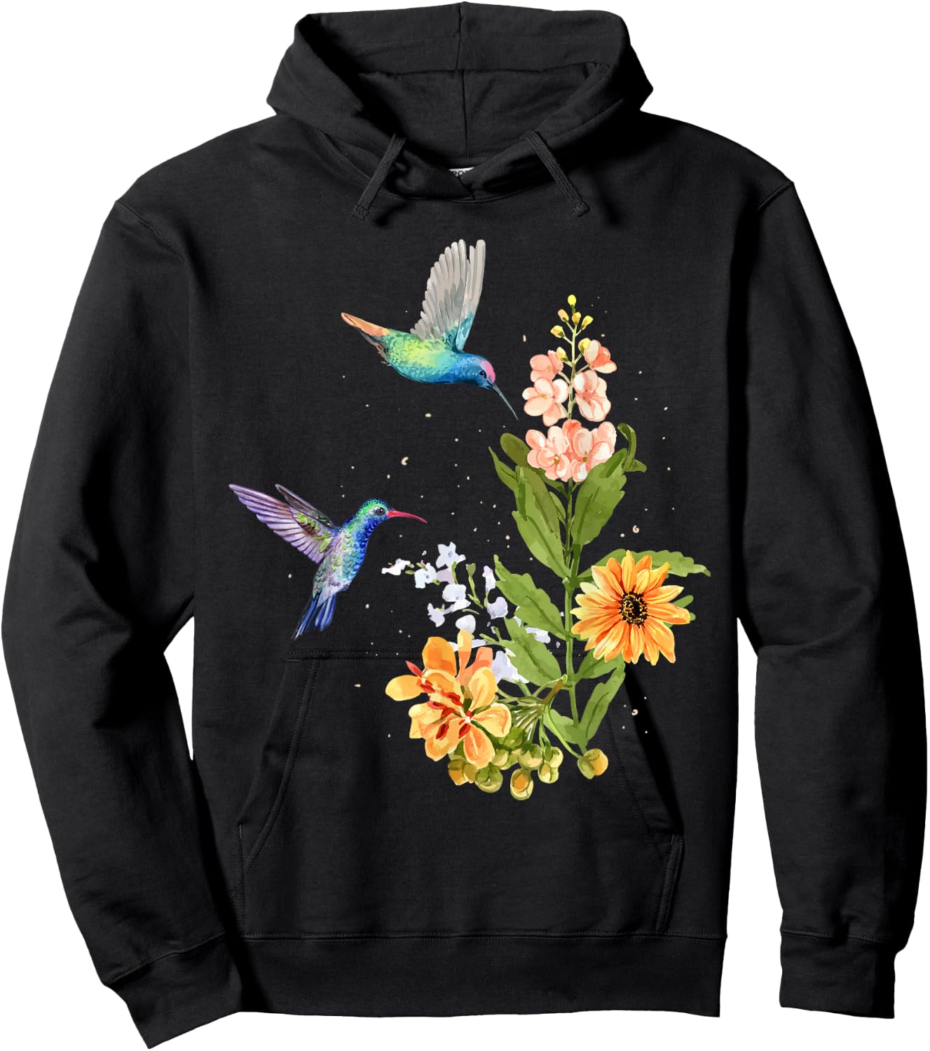 Hummingbird and Flower Watercolor Art Design Bird Hoodie - Hoodie | Black