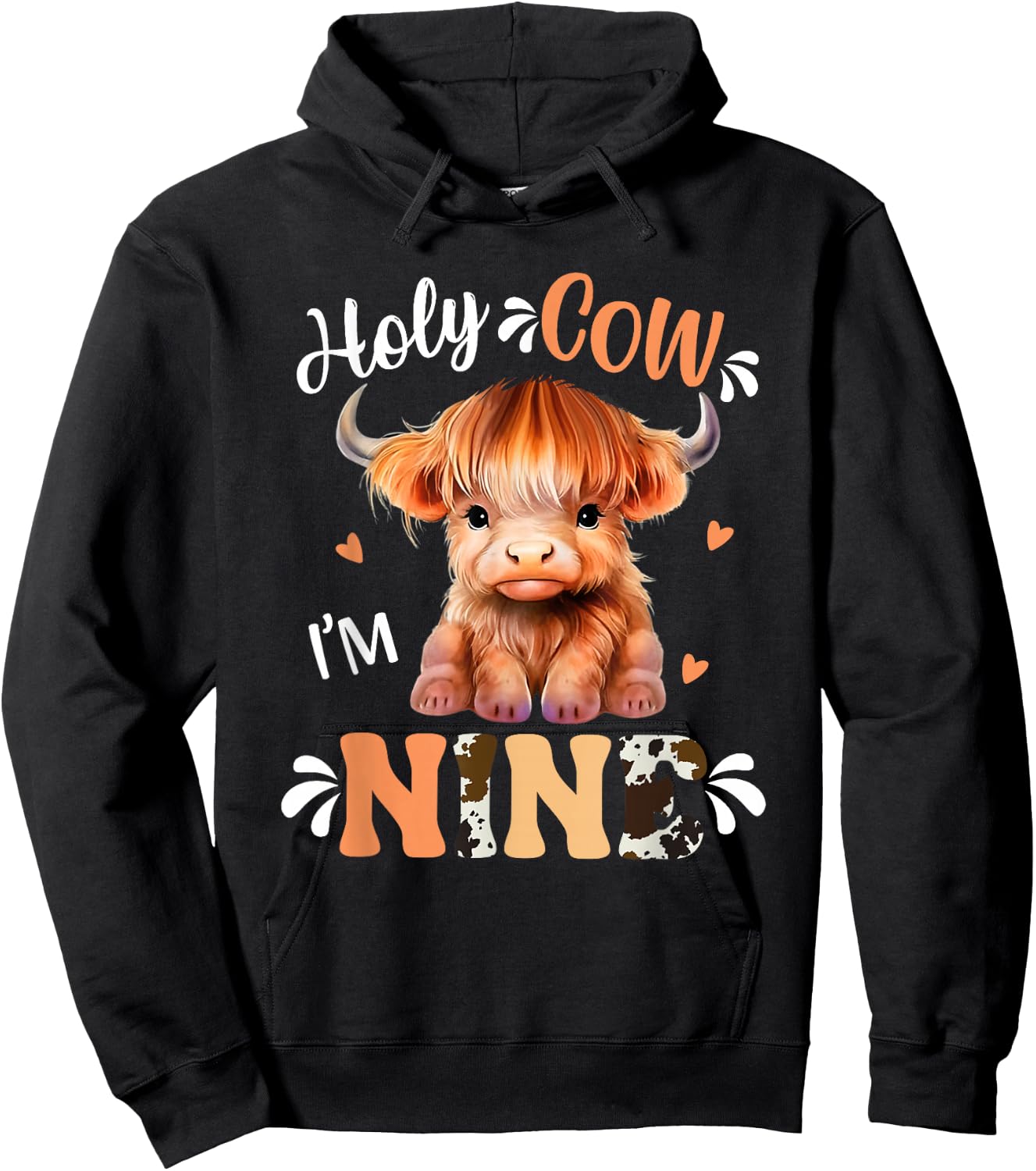 Holy Cow Im Nine Scottish Highland Cow Print 9th Birthday Hoodie - Hoodie | Black