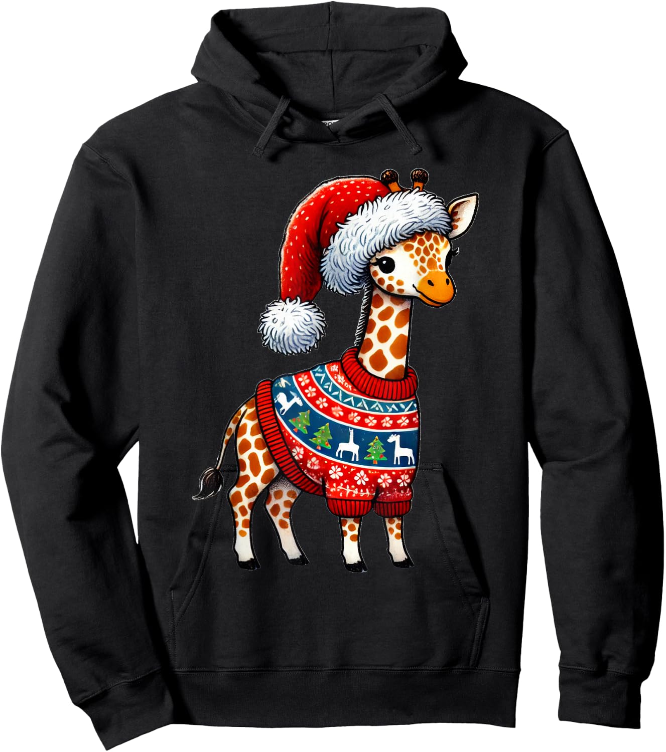 Giraffe Ugly Sweater Santa Hat Christmas Hoodie - Hoodie | Black