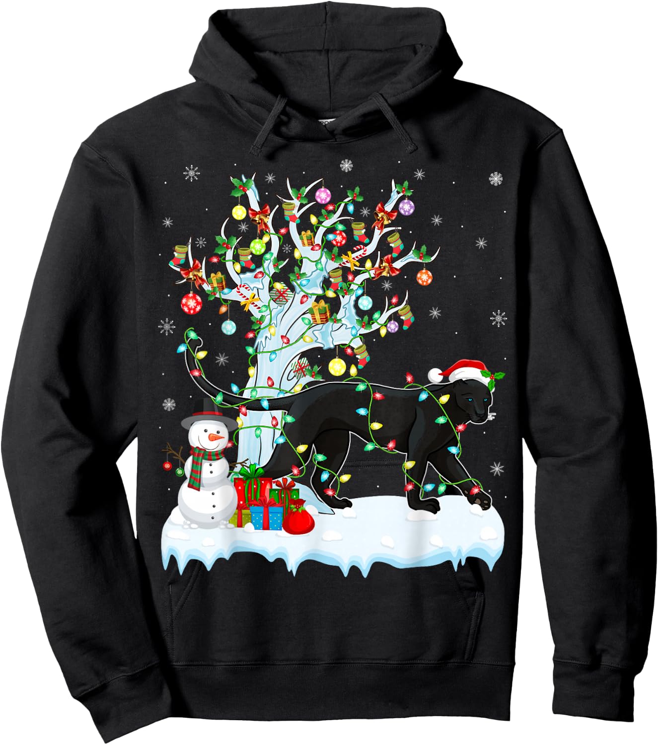 Panther Xmas Lighting Tree Santa Hat Panther Christmas Hoodie - Hoodie | Black