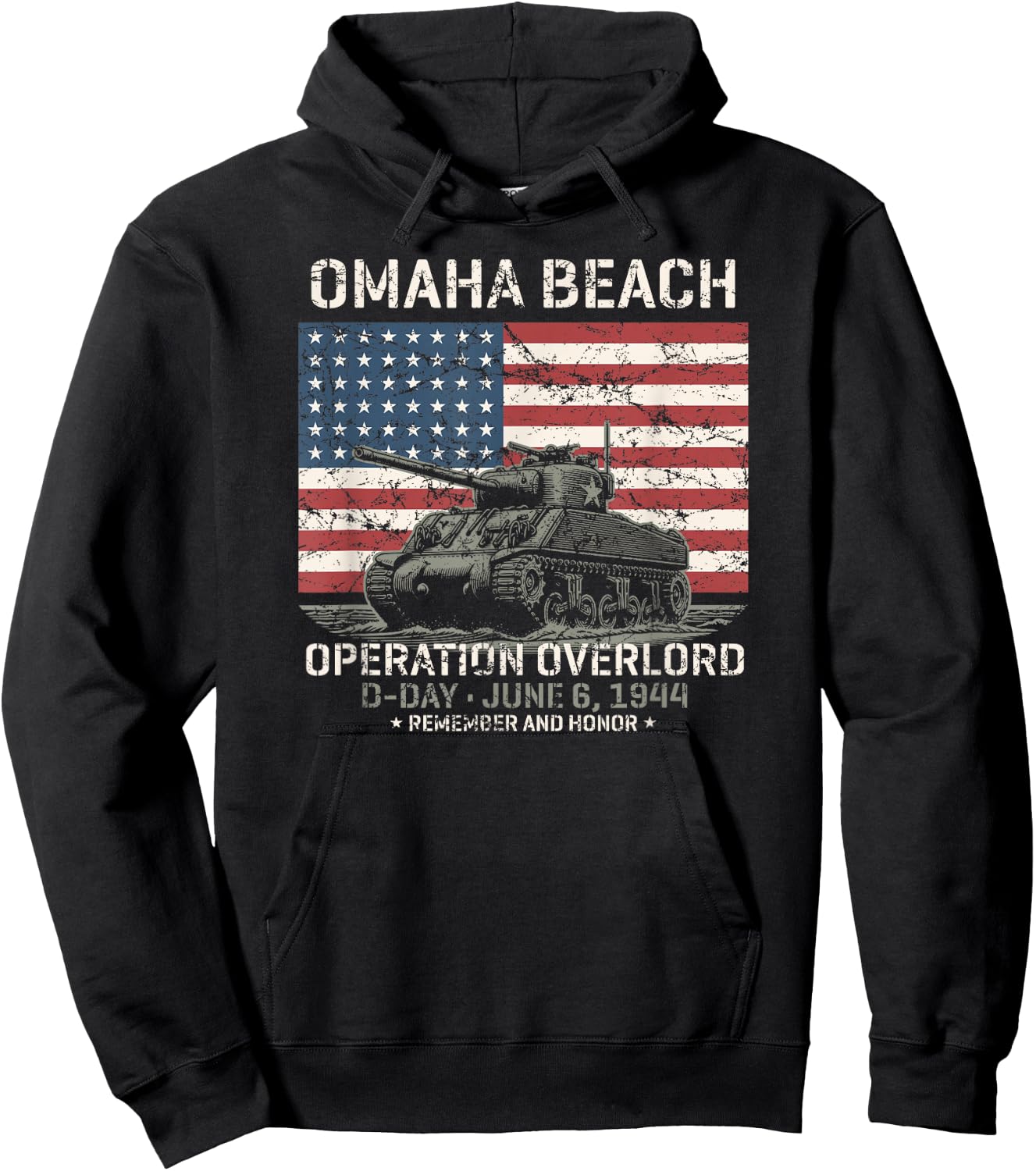 Impression vieillie sur Le Char de l'opération Overlord d'Omaha Beach D-Day 1944 Hoodie - Hoodie | Black