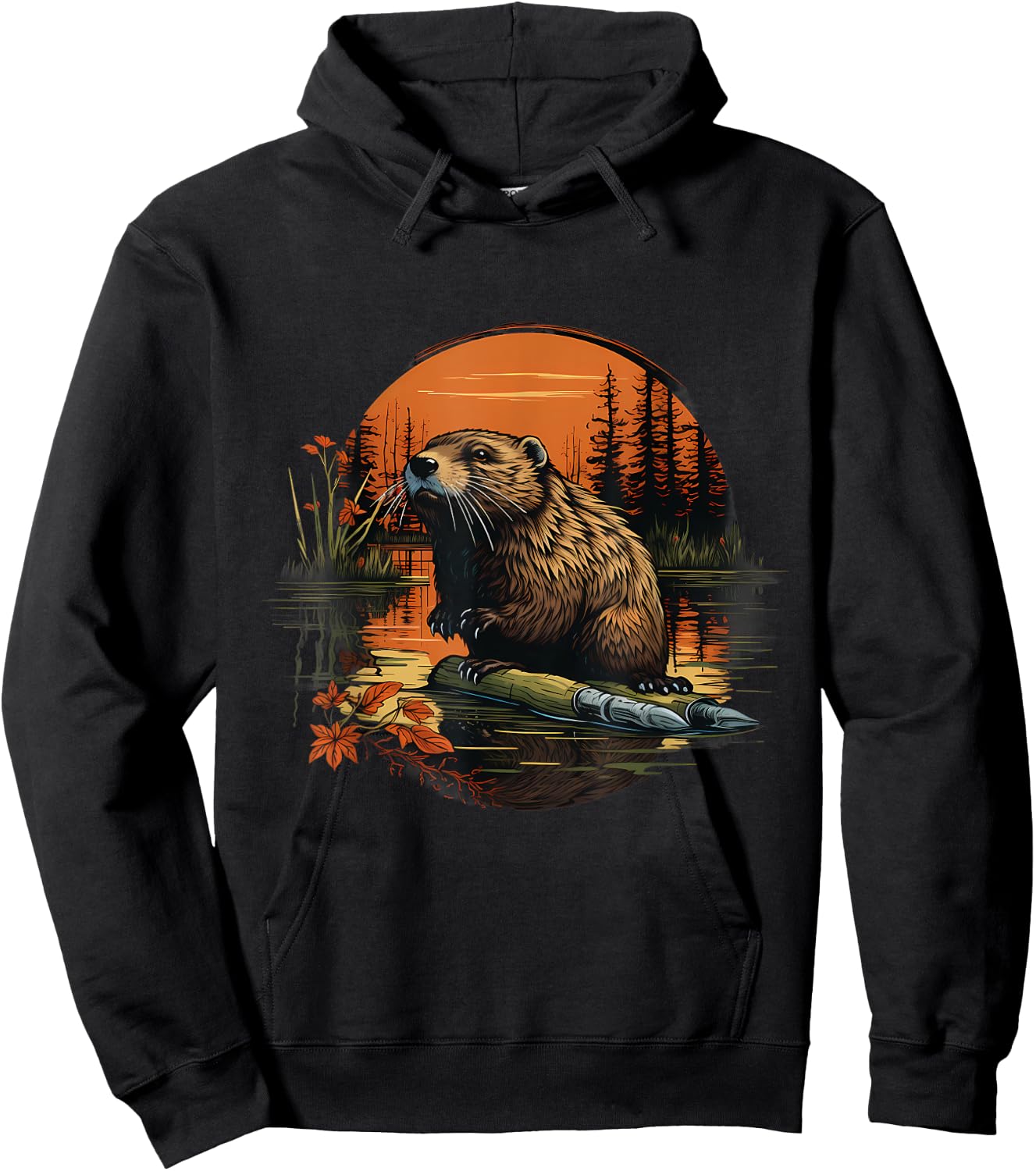 Beaver Forest Landscape Artwork Animal Art Nature Wildlife Hoodie - Hoodie | Black