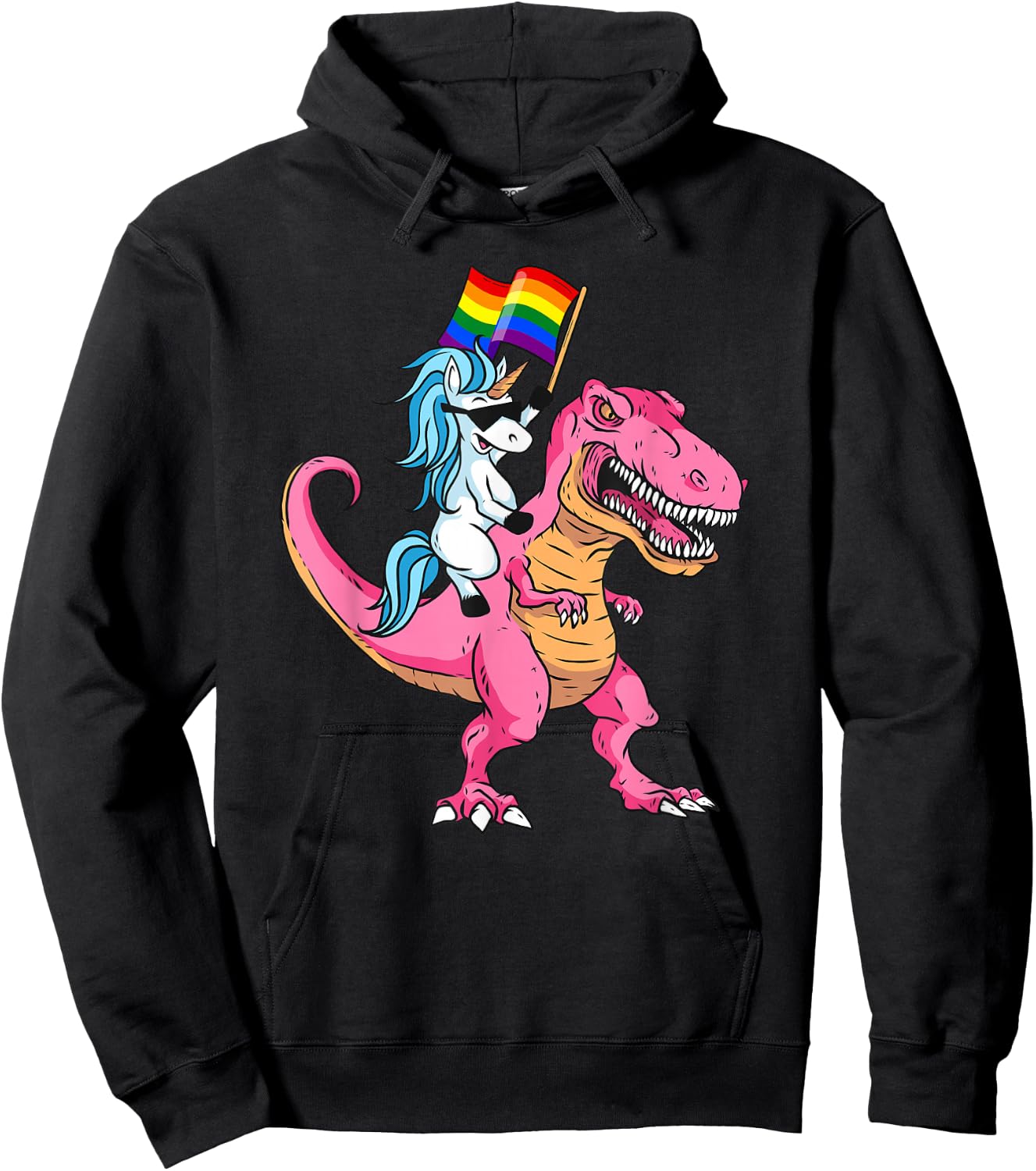Unicorn Riding Dinosaur Pride Flag LGBTQ Lesbian Gay Pride Hoodie - Hoodie | Black