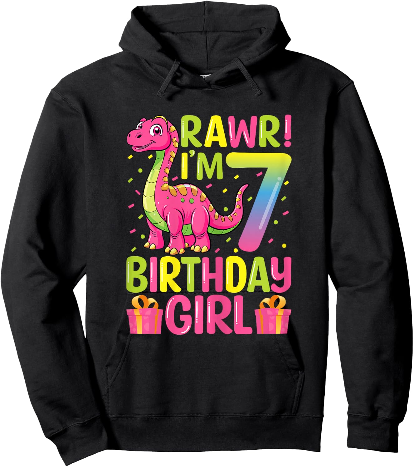 Rawr I'm 7 Birthday Girl Dinosaur T-Rex 7th Birthday Party Hoodie - Hoodie | Black